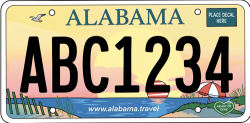 Alabama license plate: sunset beach scene with a fence, umbrella, buoy, and a Heart of Dixie badge