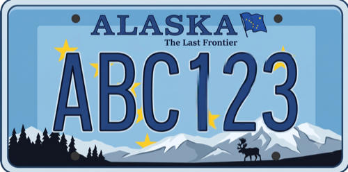 Alaska Caribou plate: blue background, mountains, tree line, and a moose silhouette
