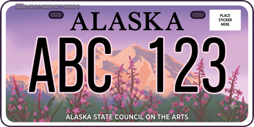 Alaska Celebrating the Arts plate: purple mountain sky with pink fireweed flowers