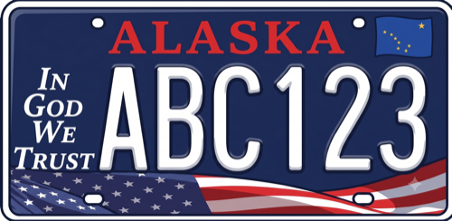 Alaska In God We Trust plate: blue background with American flag graphic