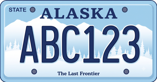 Alaska Mountain plate: light blue background, snowy mountain and forest illustration