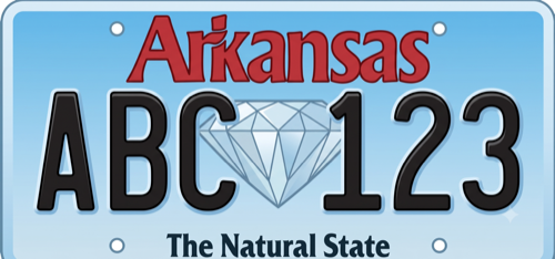 Arkansas license plate: blue-to-white gradient background with a faint diamond watermark behind the plate numbers