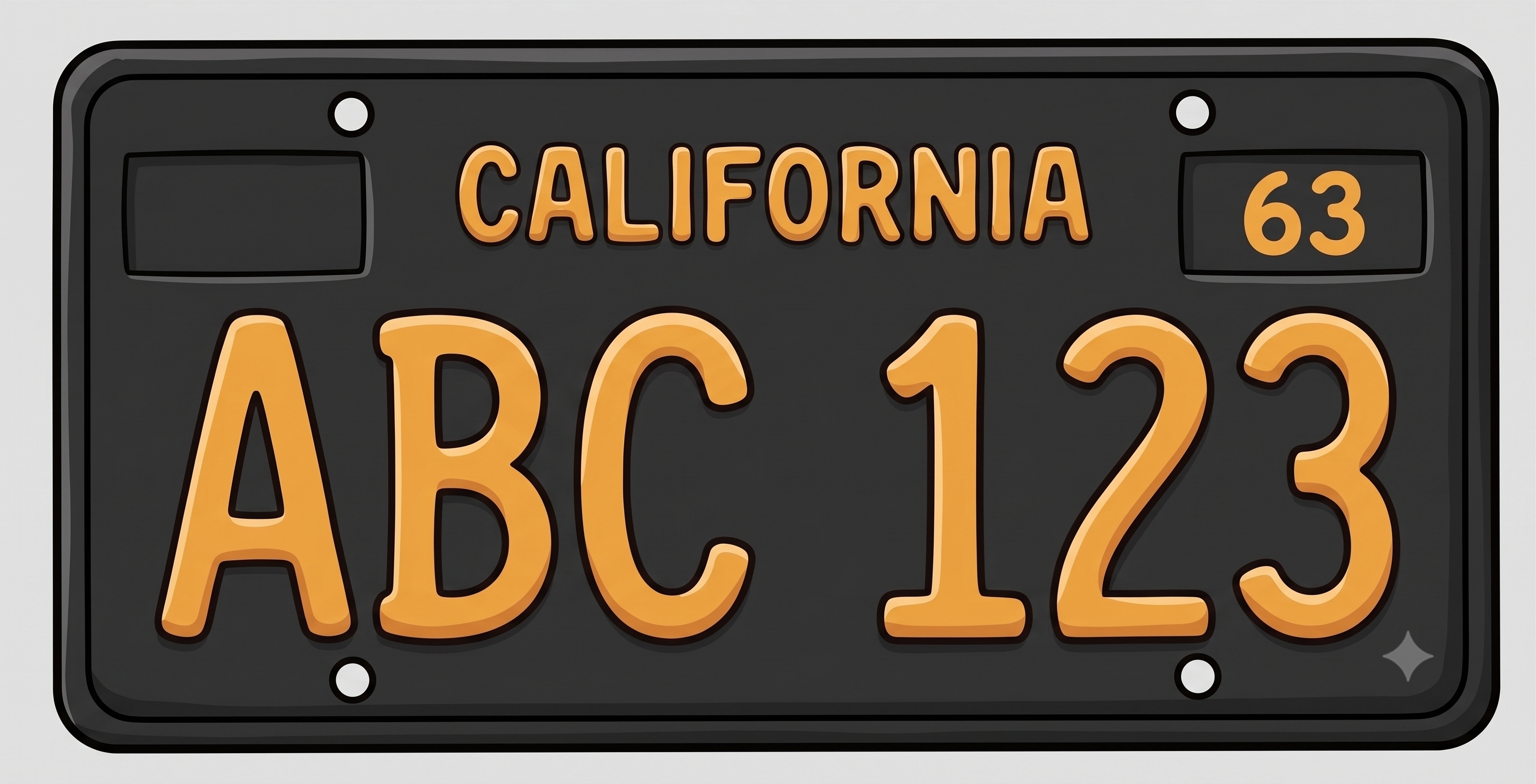 California black license plate: black background with yellow California script and yellow plate numbers