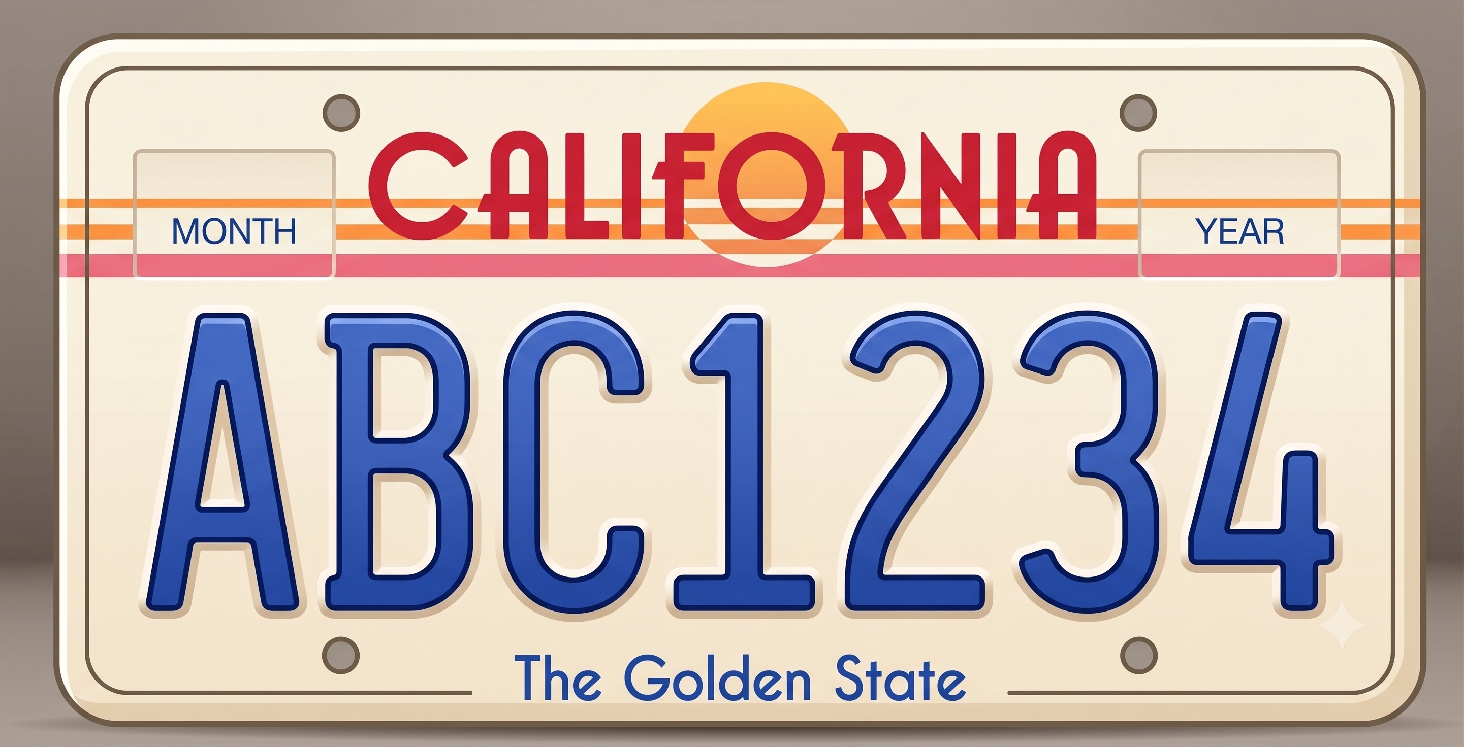California Golden State license plate: gold and white gradient background with red California script and blue plate numbers