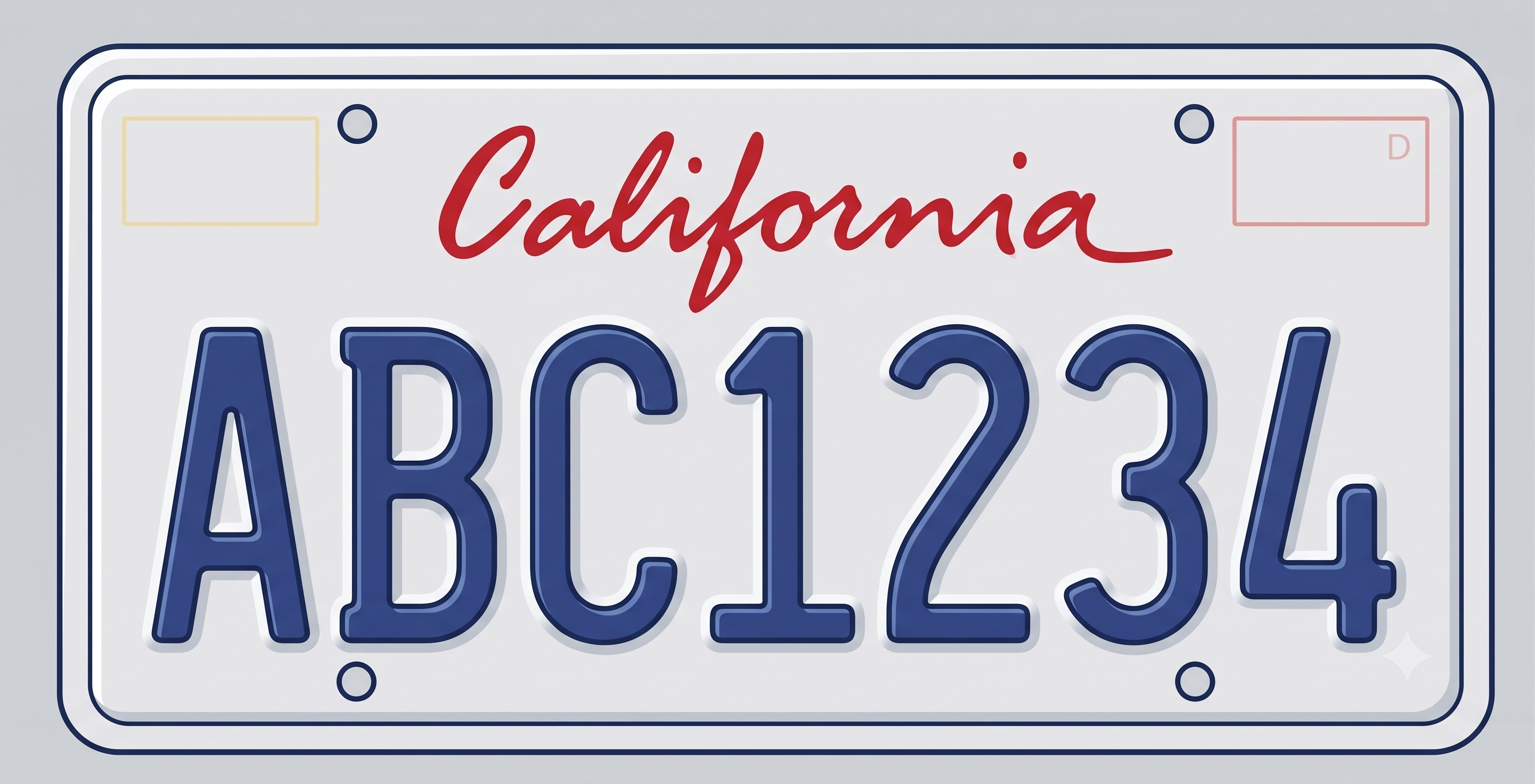 California standard license plate: white background with red California script at the top and blue plate numbers