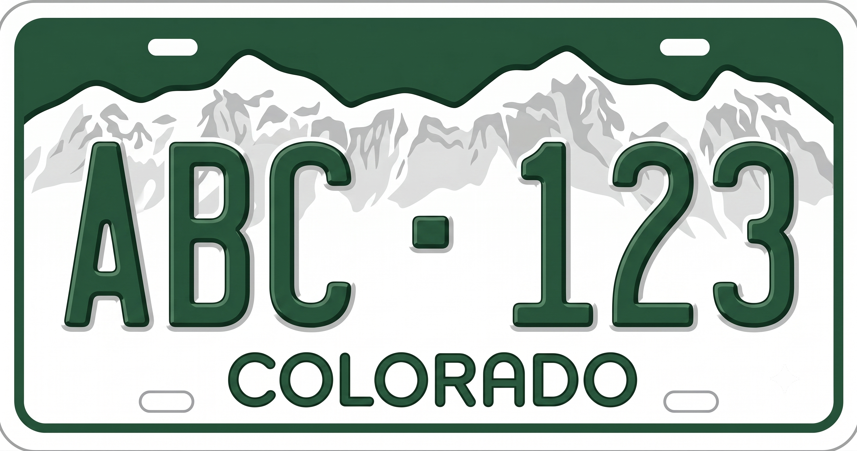 Colorado standard license plate: white background with a green mountain silhouette, red C encircling a yellow sun, and Colorado arched across the top in green