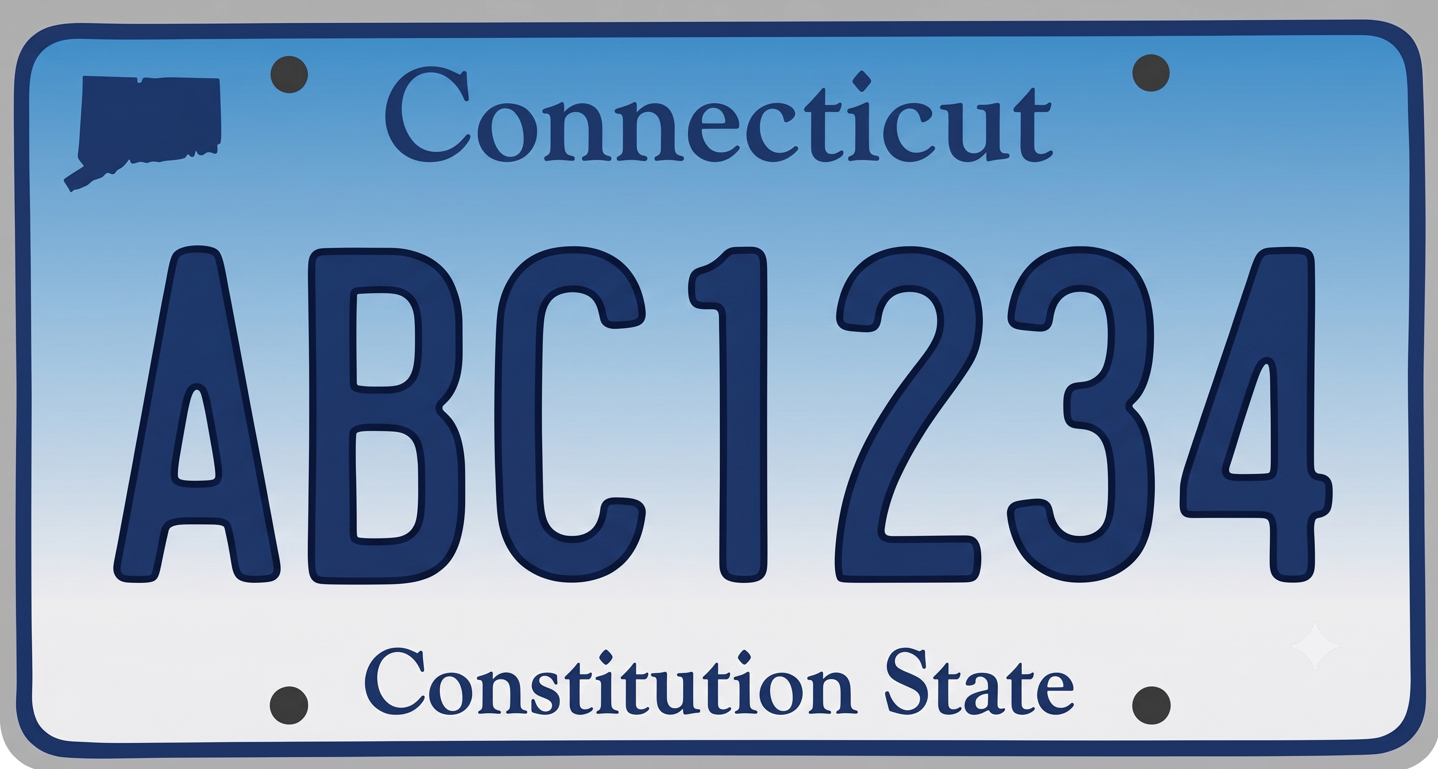 Connecticut standard license plate: white background with blue plate numbers, Connecticut in blue text across the top, and Constitution State along the bottom