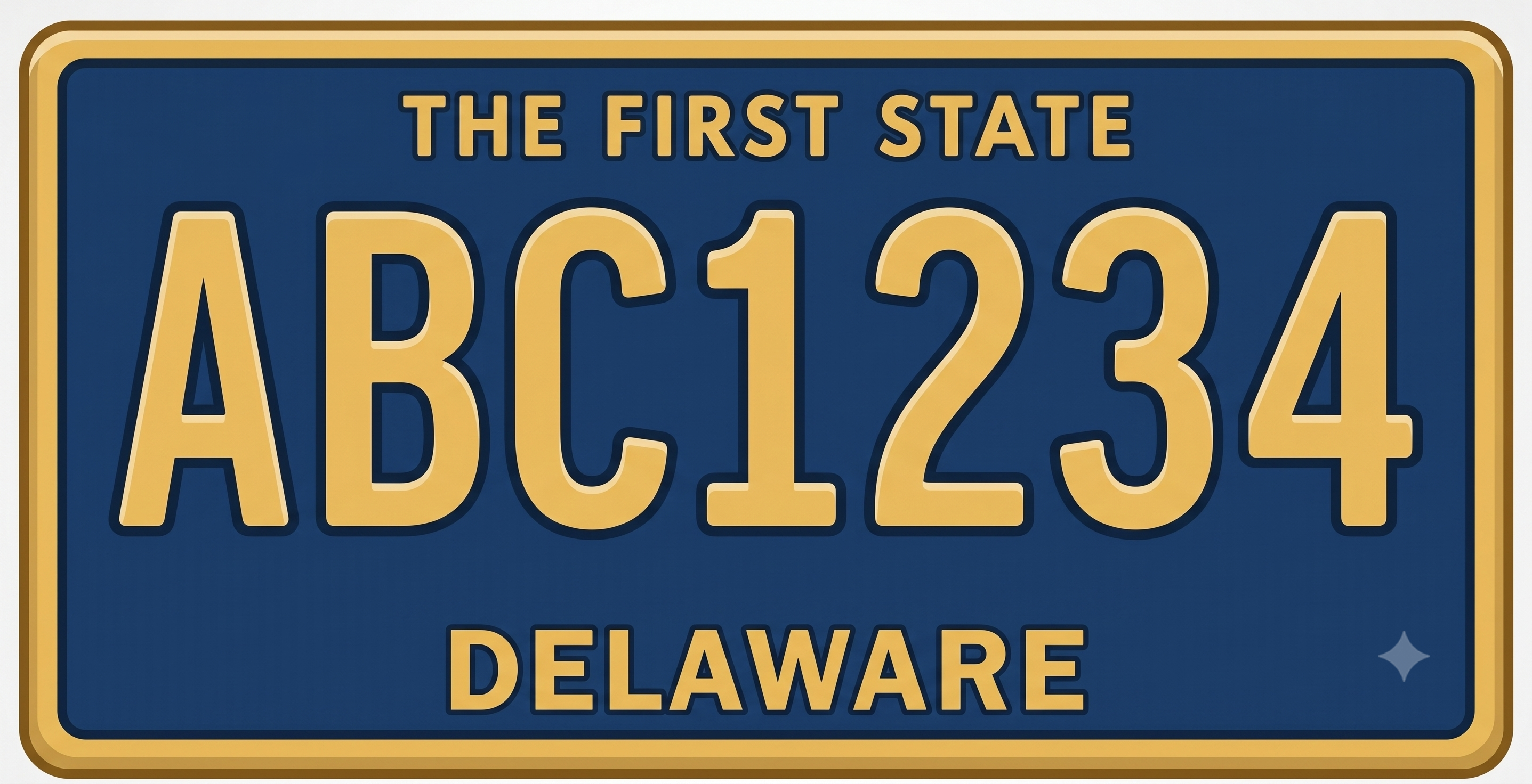 Delaware standard license plate: blue background with gold plate numbers, Delaware in gold text across the top, and The First State along the bottom