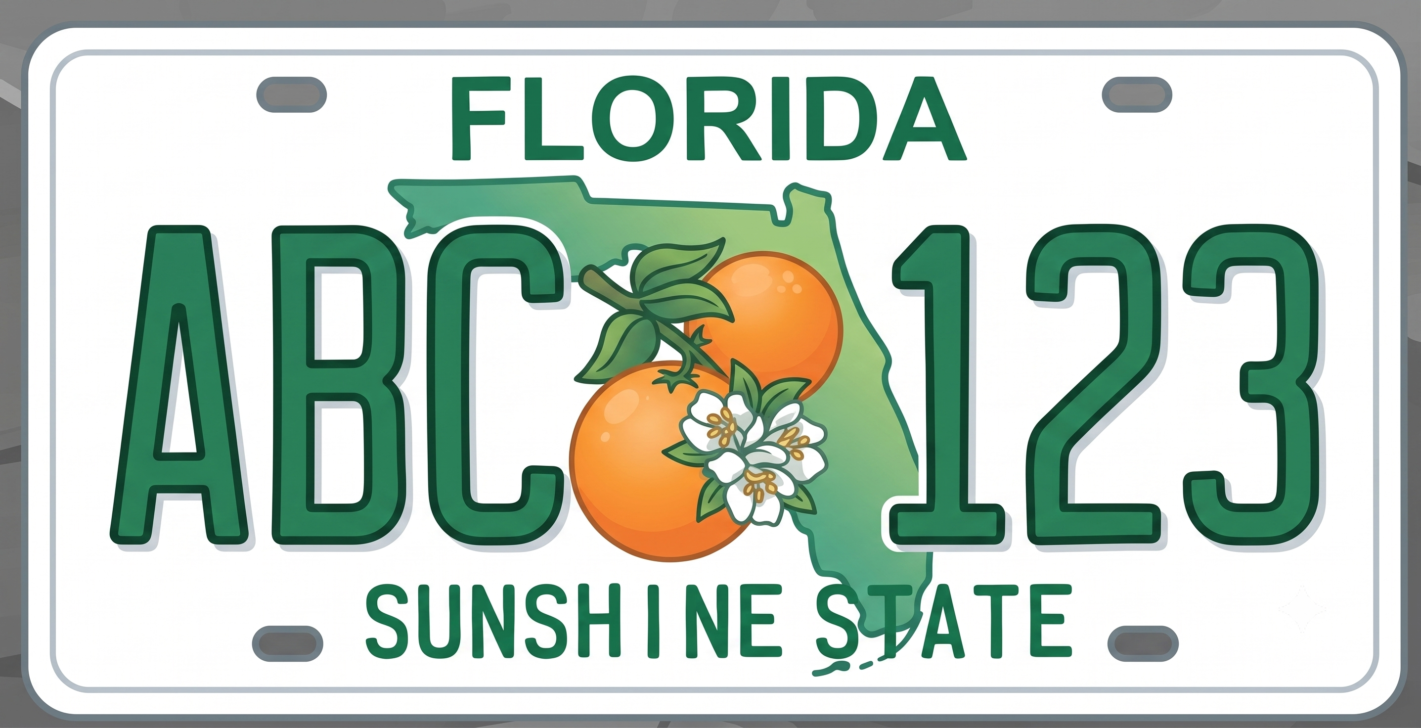 Florida standard license plate: white background with an orange grove and blue sky scene, Florida in orange script across the top, and Sunshine State along the bottom