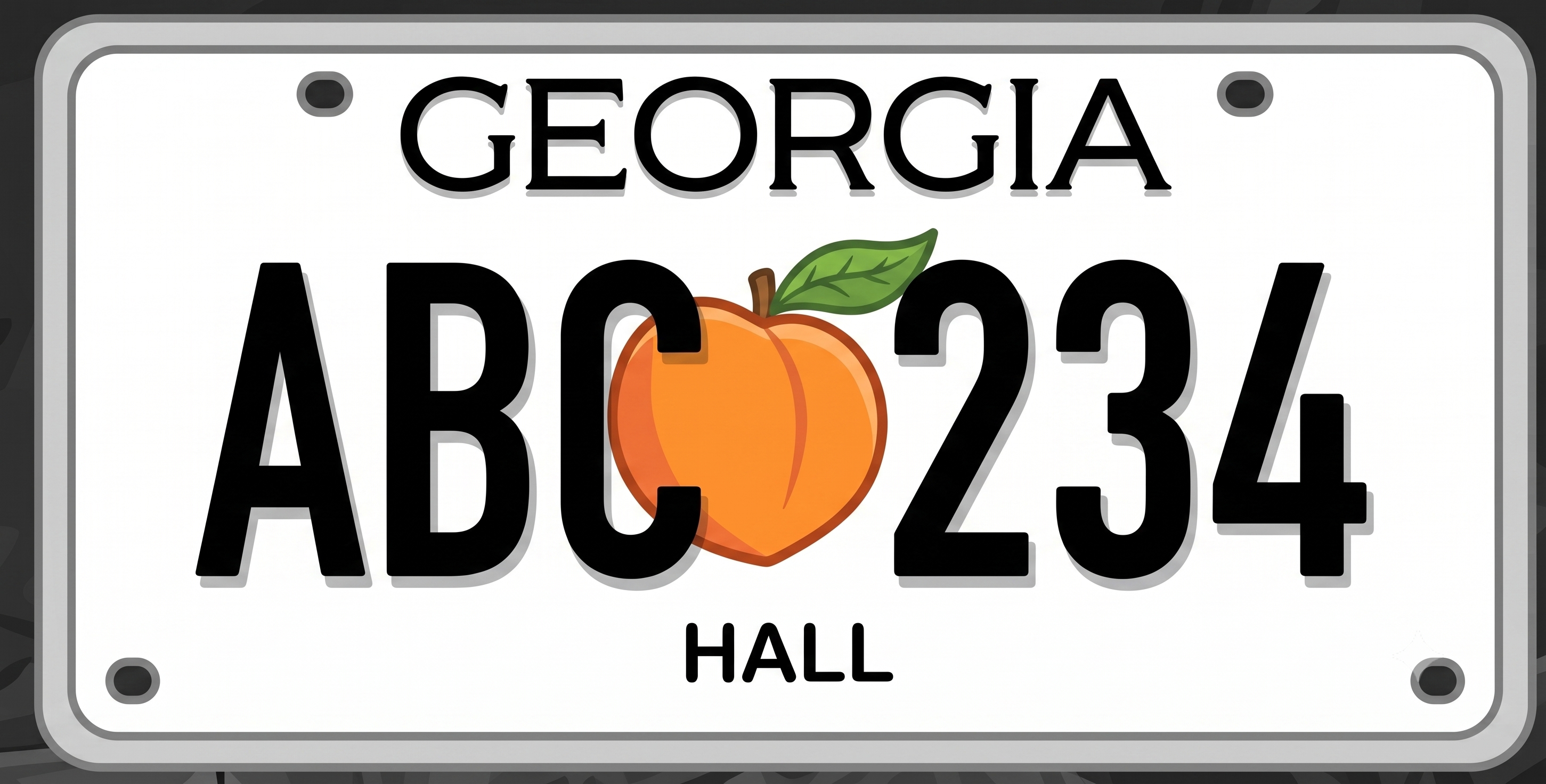 Georgia standard license plate: white background with a large peach centered on the plate, Georgia in red script across the top, and Peach State along the bottom