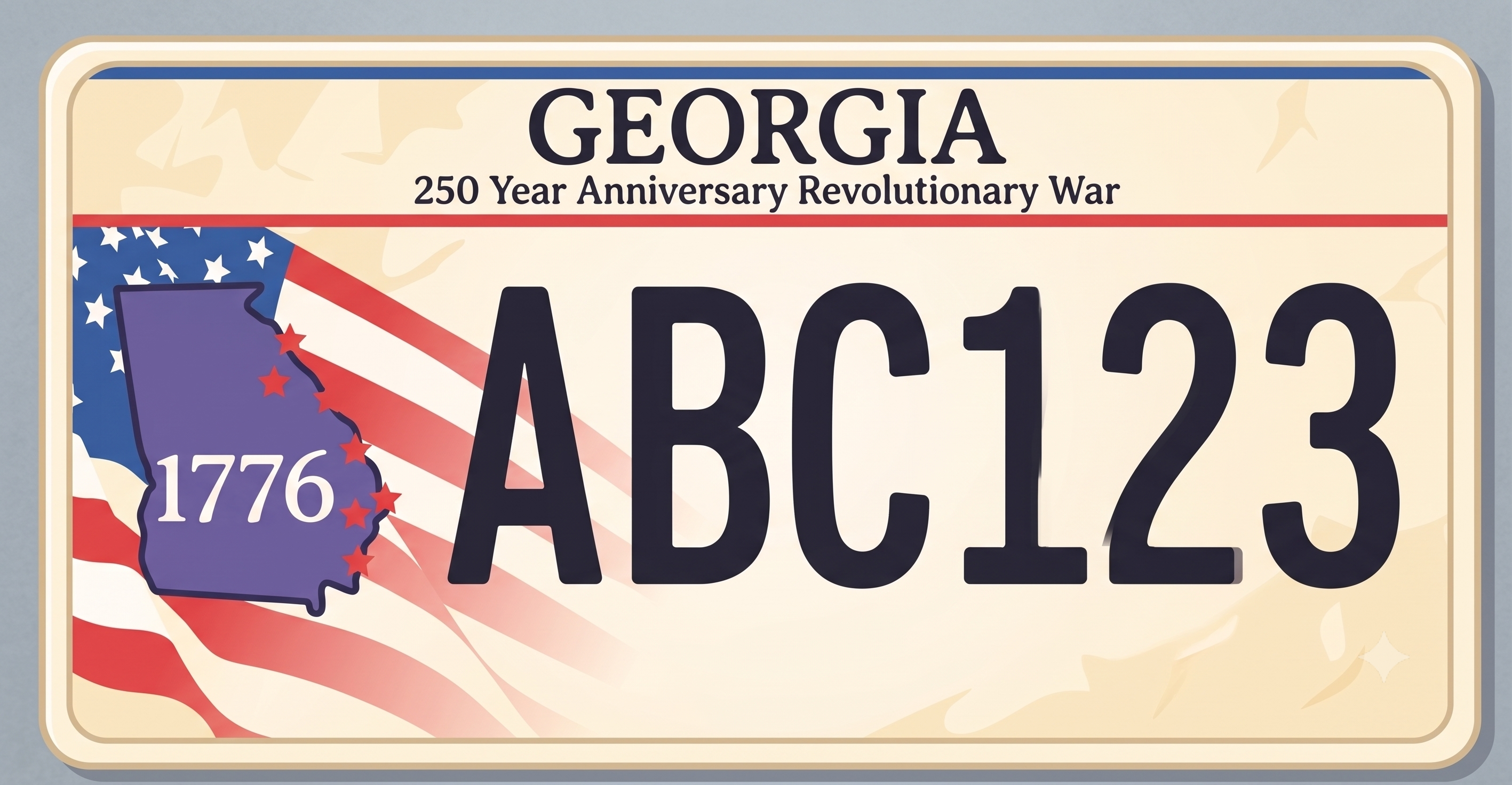 Georgia American Revolution license plate: blue background with a Revolutionary War soldier silhouette, Georgia in gold text across the top