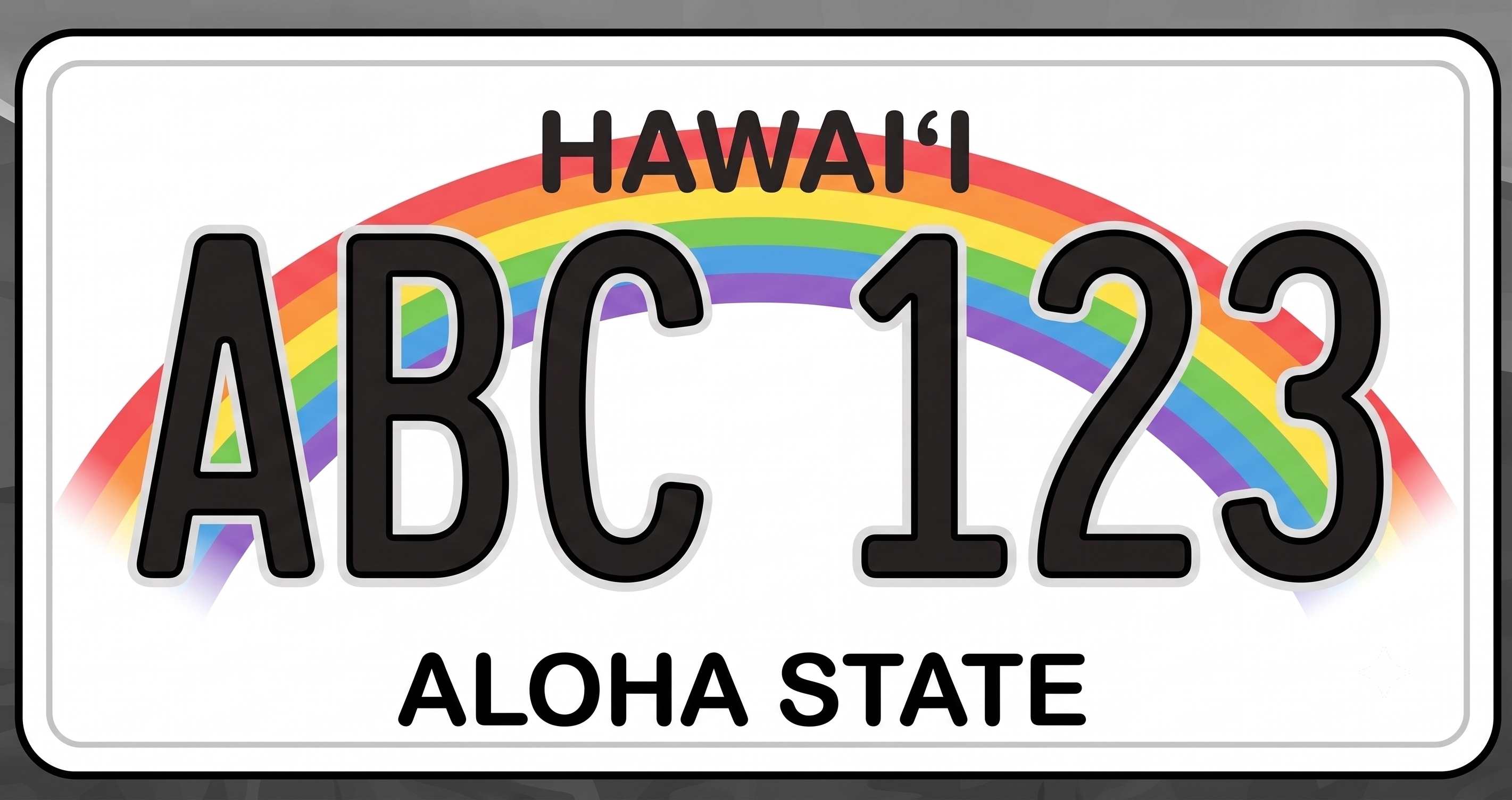 Hawaii standard license plate: white background with a rainbow arching across the plate, Hawaii in blue text across the top, and Aloha State along the bottom