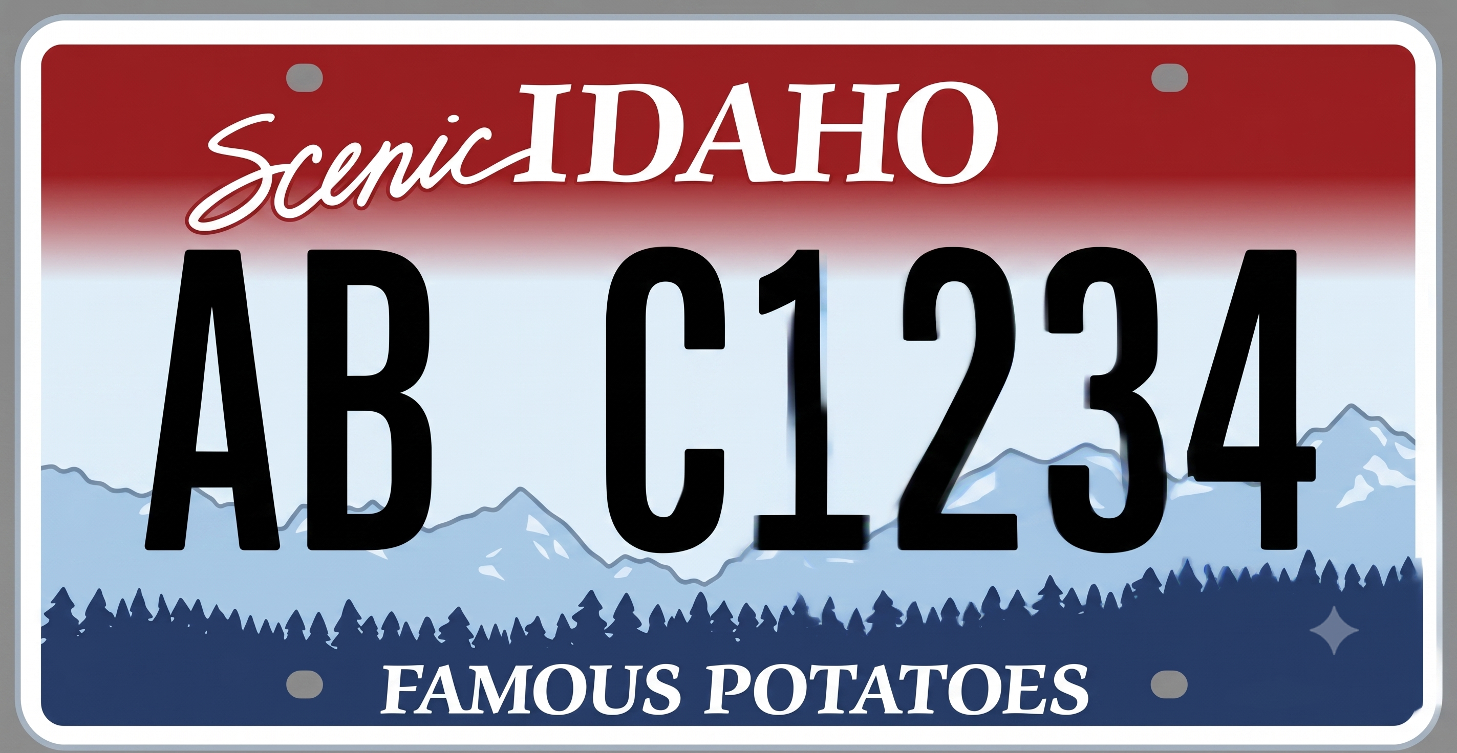 Idaho standard license plate: white background with a mountain and river scenic landscape, Idaho in bold blue text across the top, and Famous Potatoes along the bottom