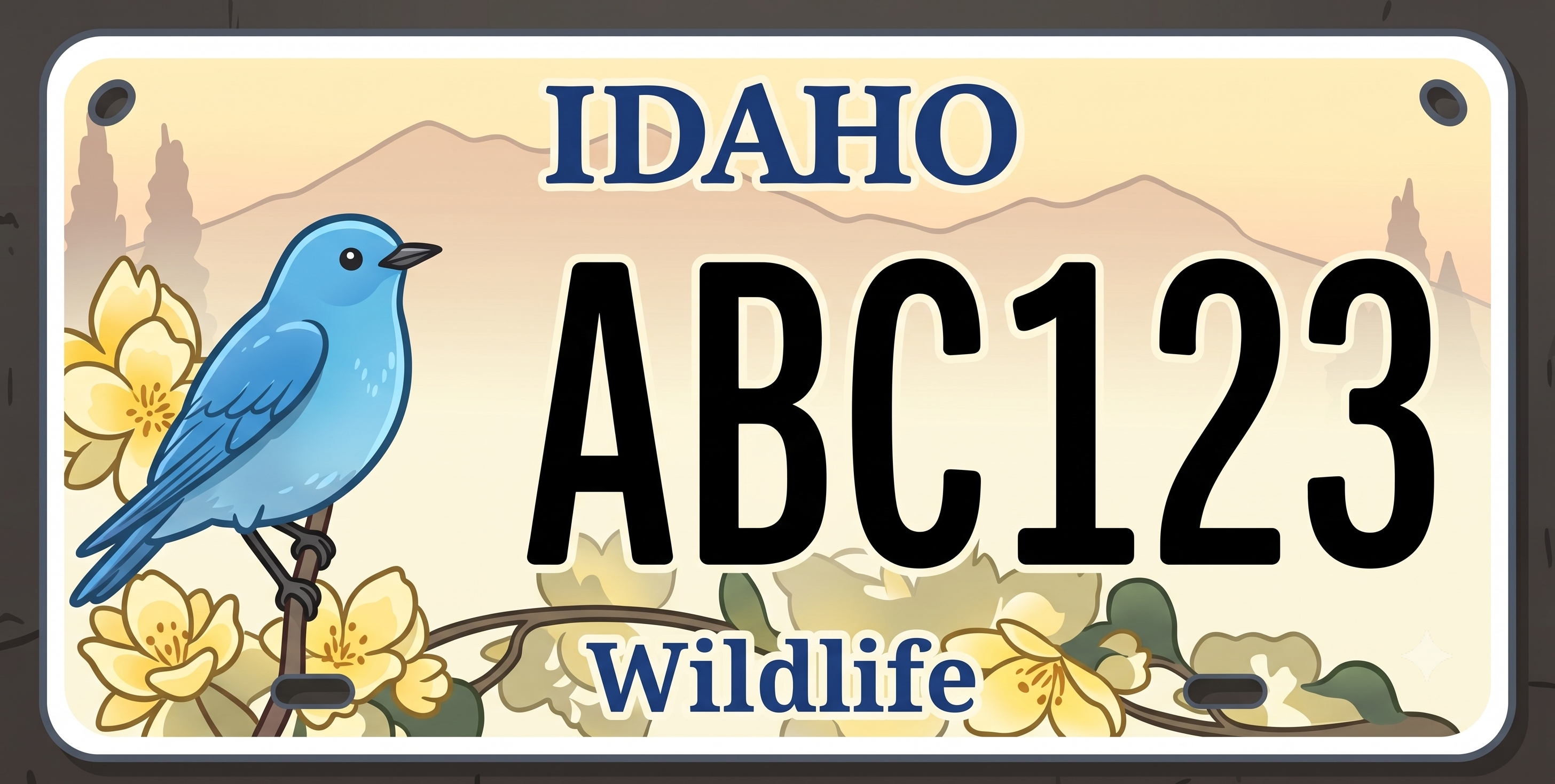 Idaho wildlife license plate featuring a bird of prey in flight against a mountain backdrop