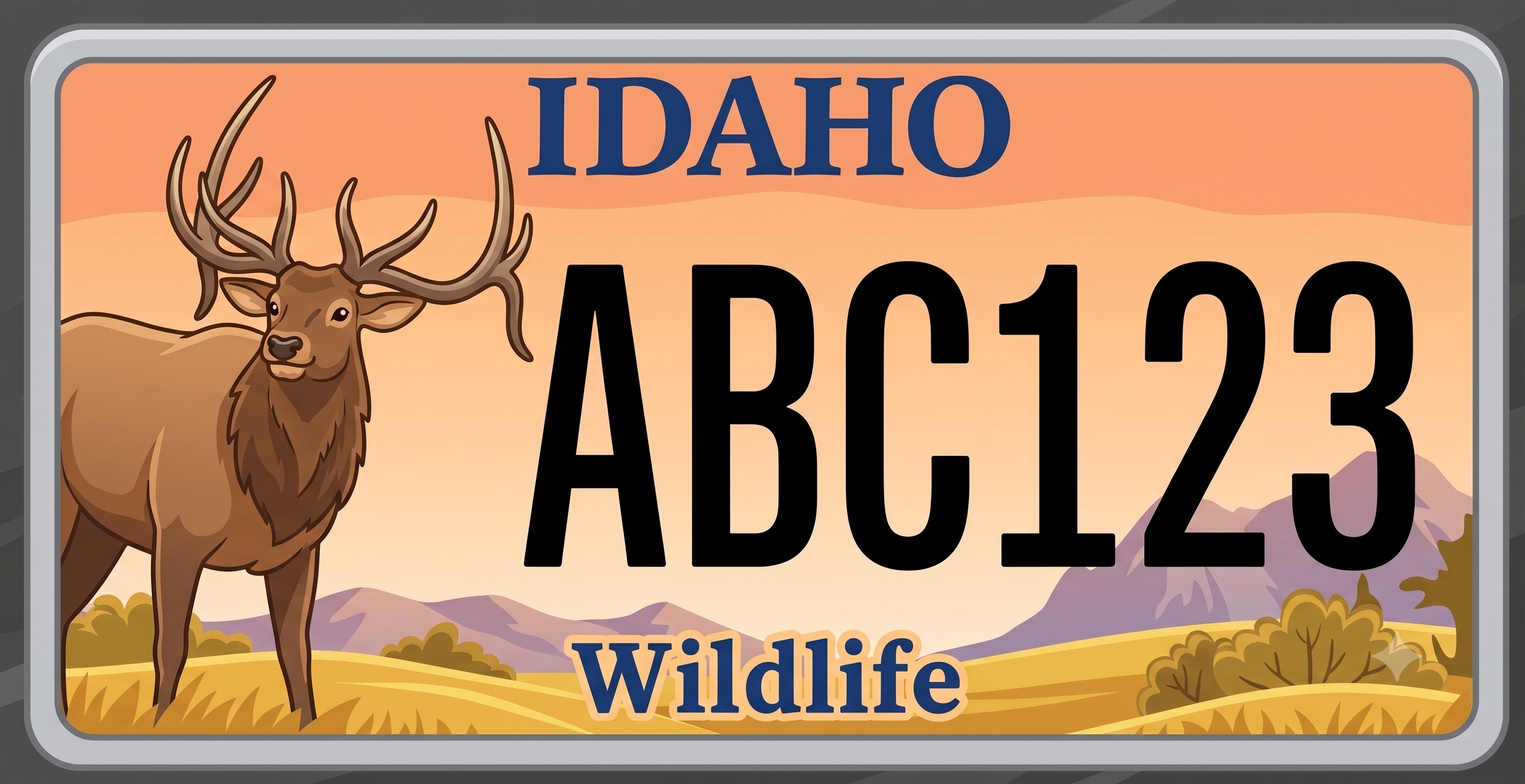 Idaho wildlife license plate featuring a bull elk in a mountain meadow