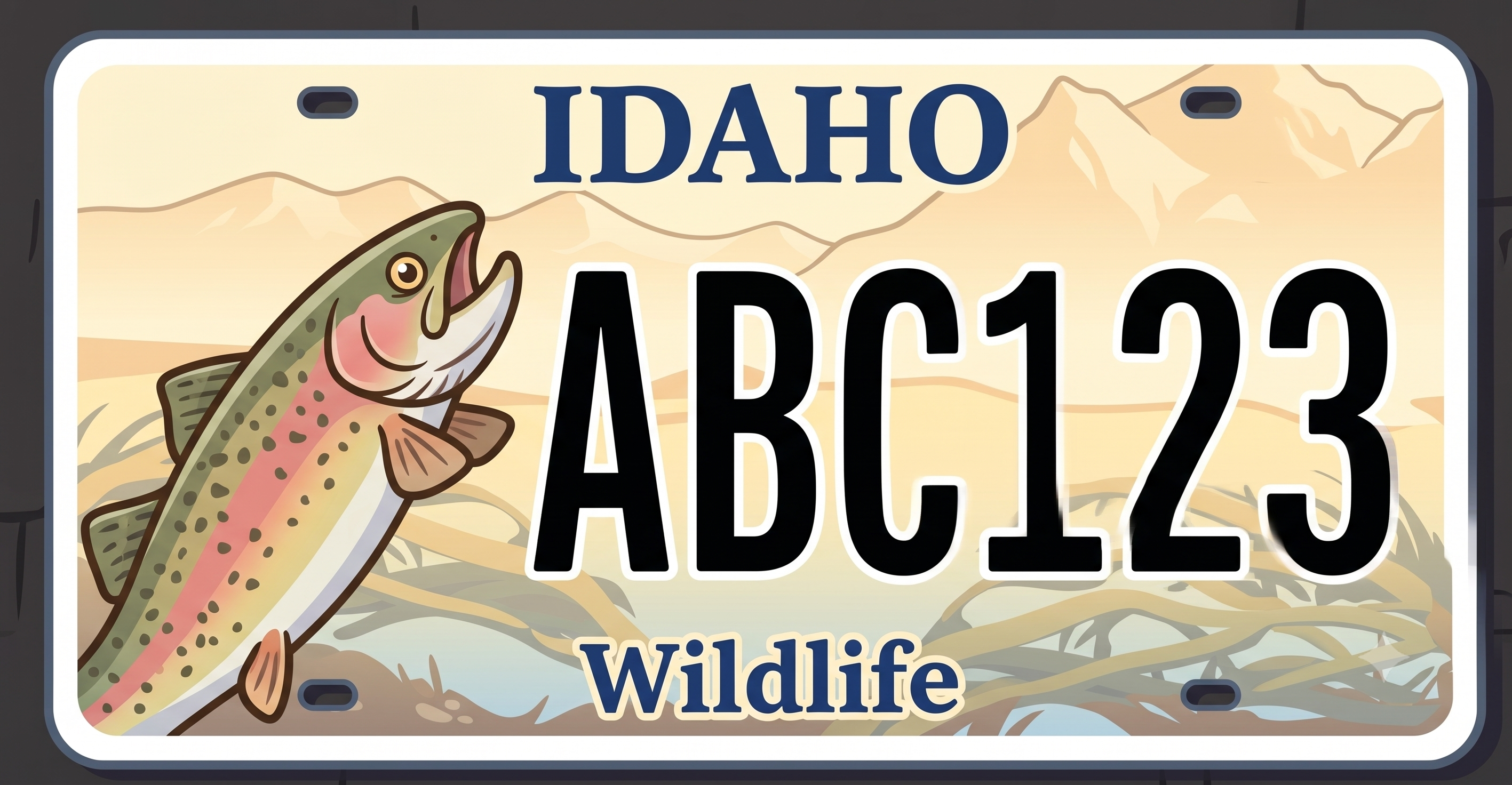 Idaho wildlife license plate featuring a trout leaping from a river with mountains in the background