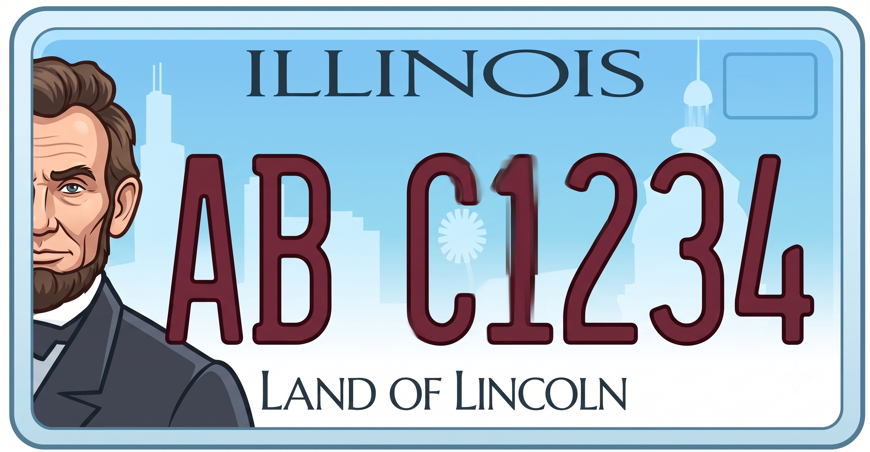 Illinois standard license plate: white background with Illinois in blue text across the top, blue plate numbers, and Land of Lincoln along the bottom