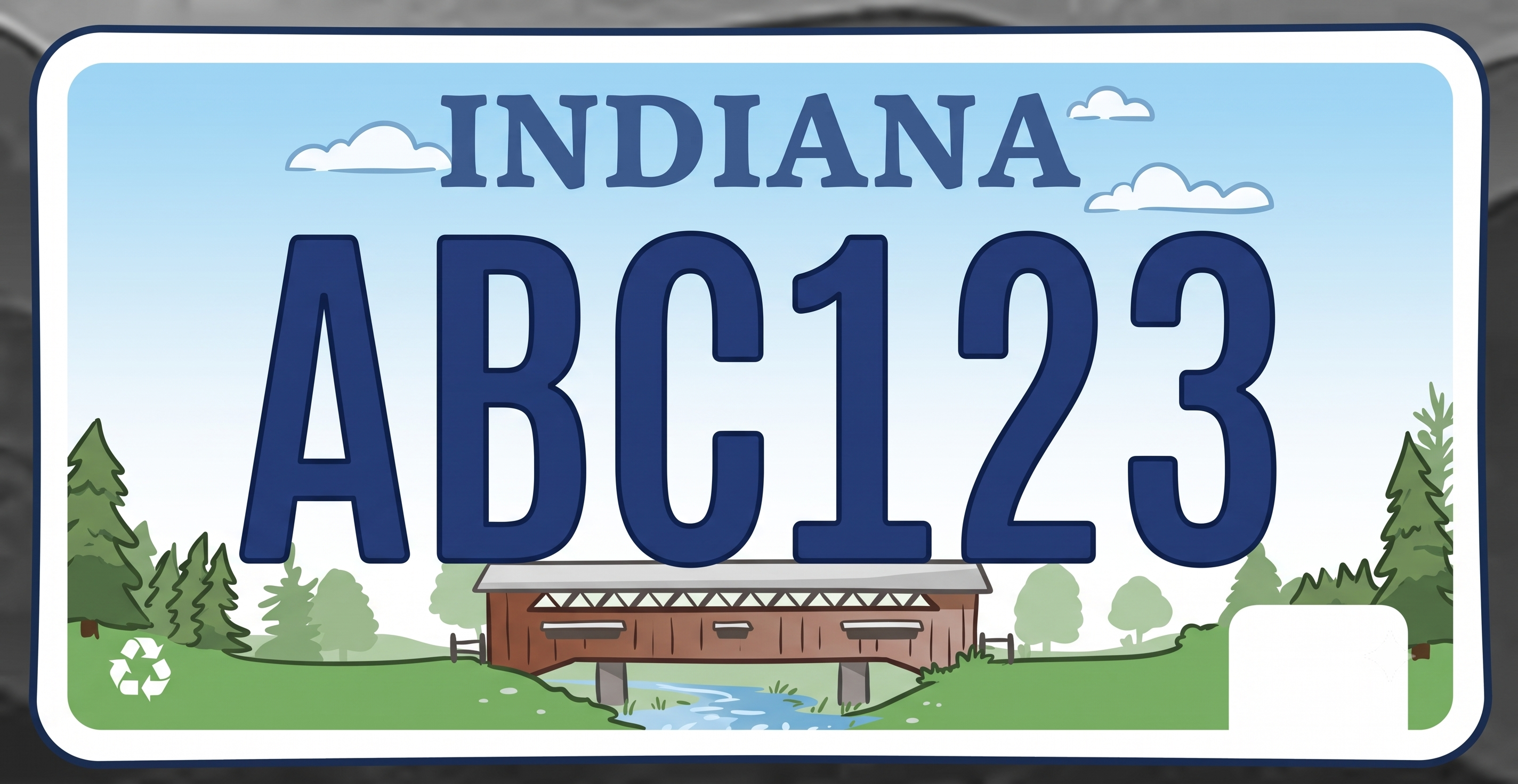 Indiana standard license plate: light blue sky background with white clouds, bold dark navy Indiana text across the top, large dark navy plate numbers in the center, and a classic red-brown wooden covered bridge spanning a small creek surrounded by evergreen and deciduous trees on green grass