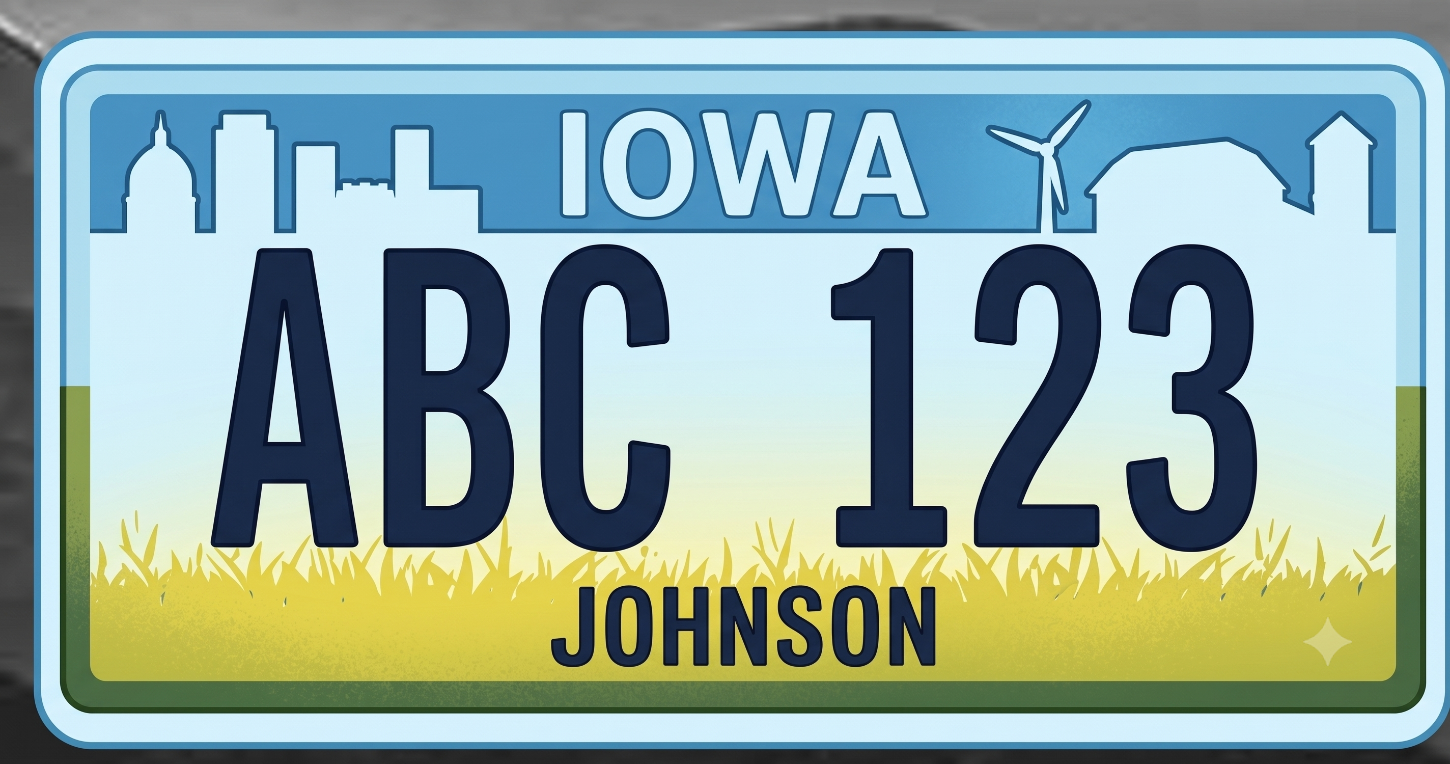 Iowa current standard license plate: deep blue top banner with white IOWA text flanked by a white silhouette skyline showing the state capitol dome, city buildings, a wind turbine, and a barn; background transitions from medium blue sky down to golden-yellow prairie grass at the bottom; bold dark navy plate numbers centered; county name printed below the numbers