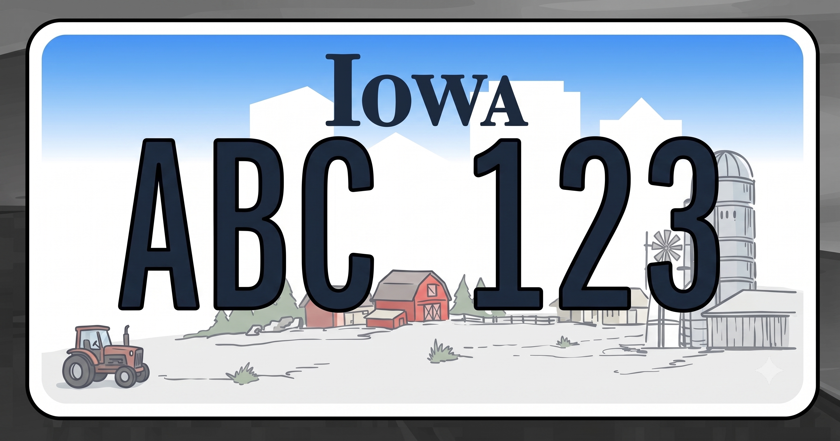 Iowa previous standard license plate: white background with Iowa in dark navy serif font at the top center, white state capitol silhouette behind the text, bold dark navy plate numbers dominating the center, and a detailed farm scene along the bottom showing a red barn with evergreen trees, an orange tractor on the lower left, and a grain silo with windmill on the lower right rendered mostly in light gray outline