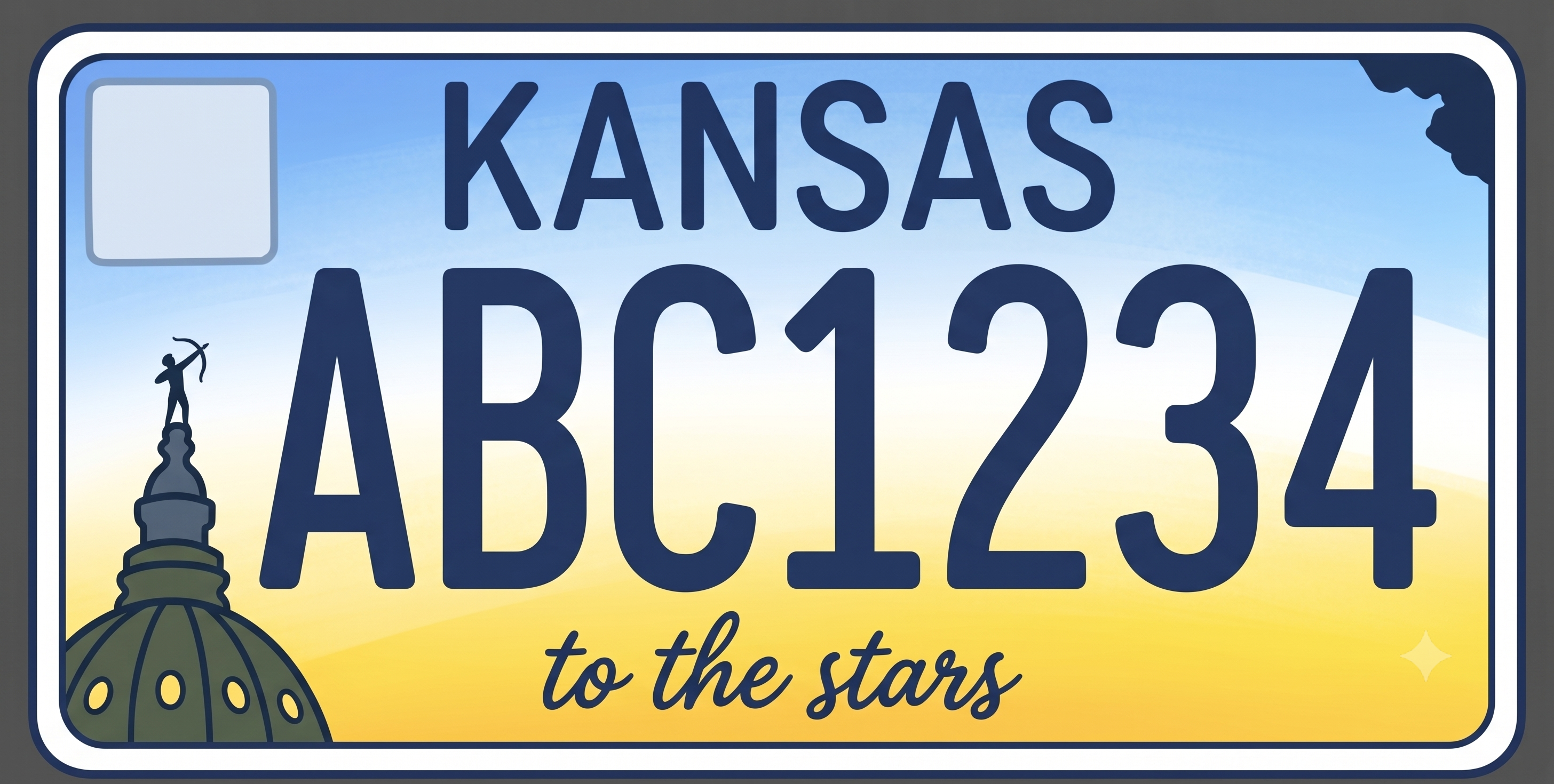 Kansas current license plate: sky-blue-to-sunflower-yellow gradient background, large dark navy KANSAS text at the top, the top of the Kansas State Capitol dome with the Ad Astra archer statue illustrated in the lower left corner, and the cursive motto to the stars printed in dark navy along the bottom