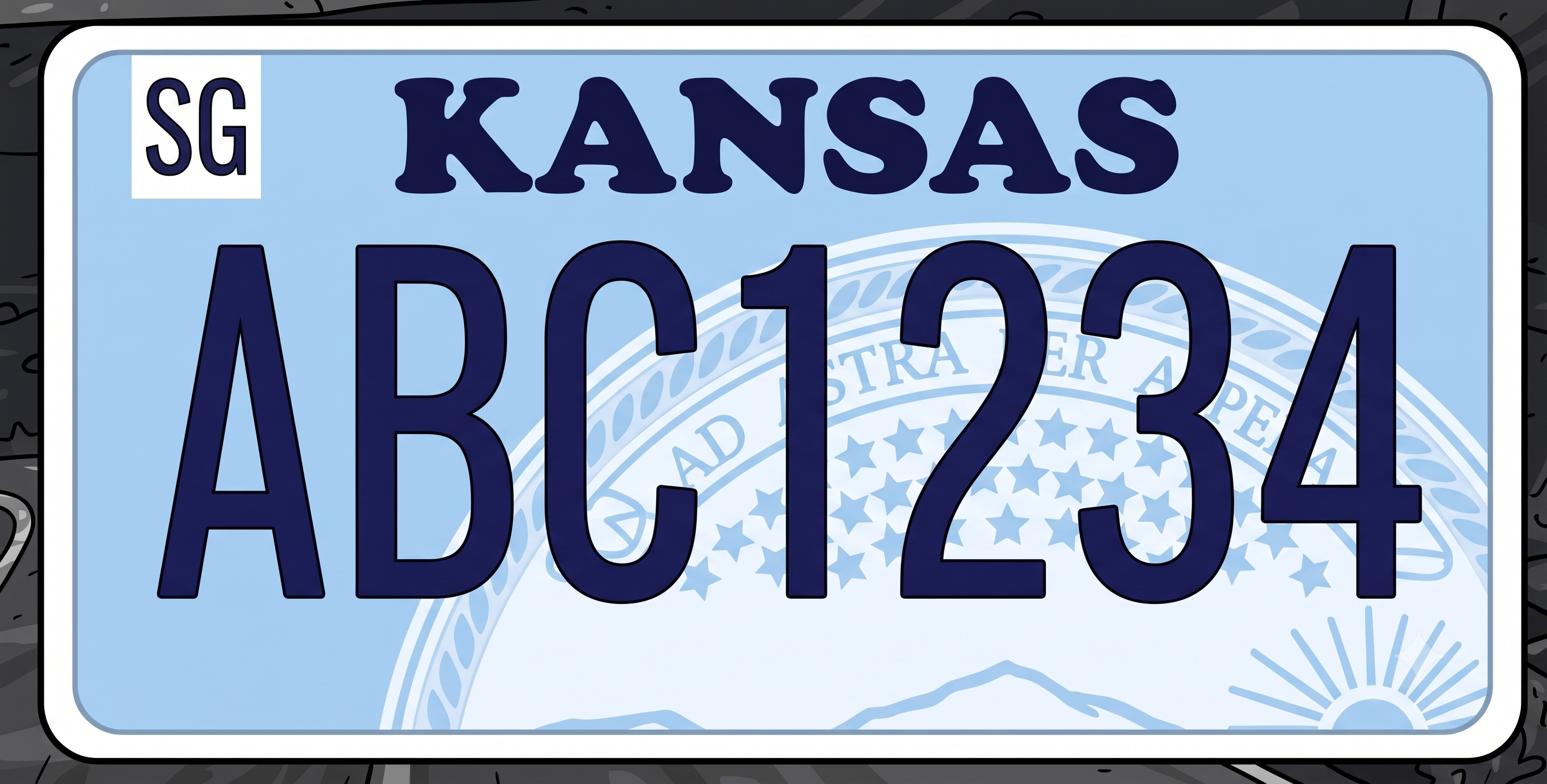 Kansas previous license plate: solid powder-blue background, KANSAS in large dark navy block letters at the top center, SG county designation in a small white box in the upper left corner, and the Kansas state seal ghost-printed as a light blue watermark across the center of the plate