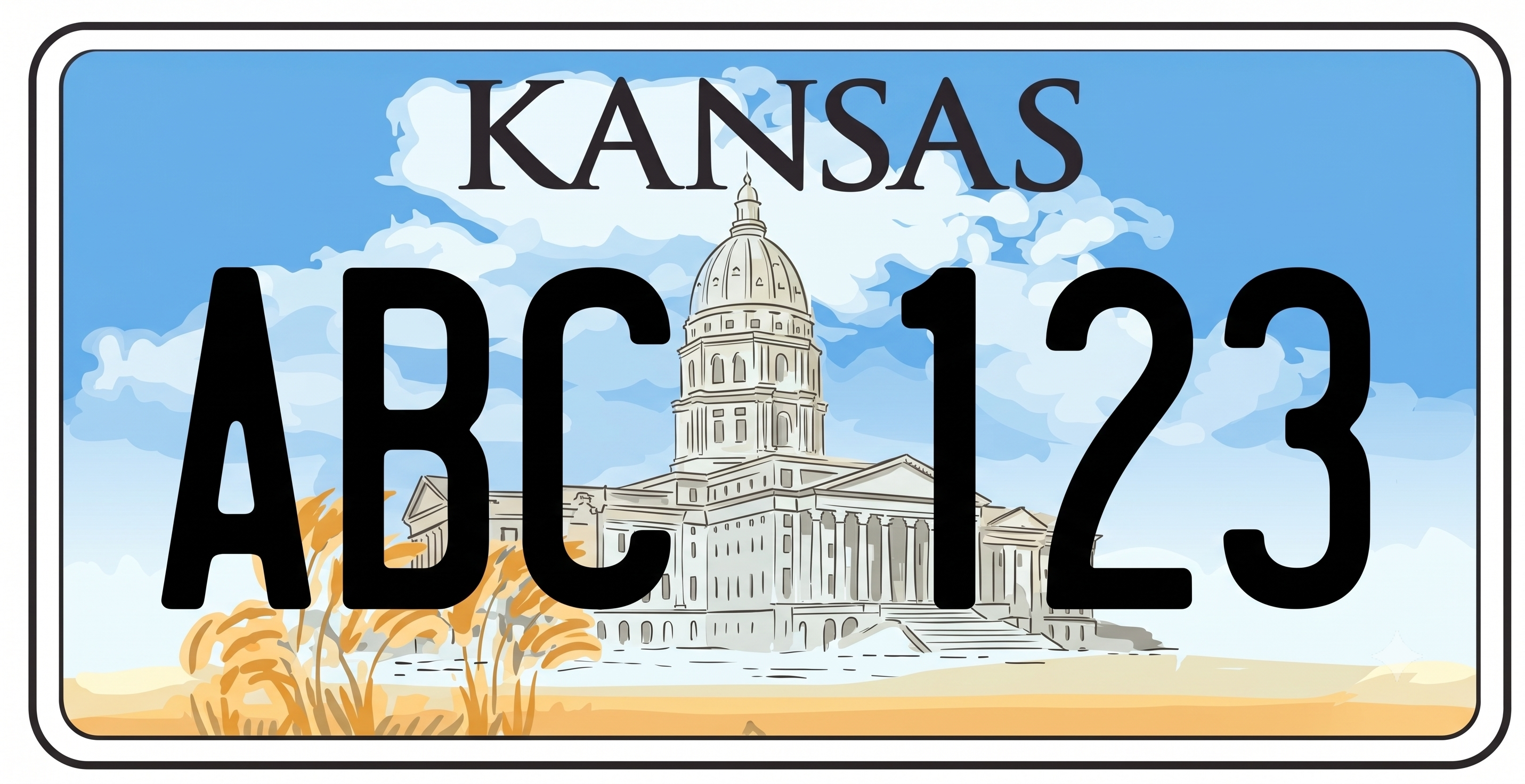 Kansas older previous license plate: white background with a detailed full-color illustration of the Kansas State Capitol building centered on the plate beneath a blue sky with white clouds and golden wheat stalks in the foreground, KANSAS in black serif letters at the top, and large bold black plate numbers overlaid across the capitol illustration