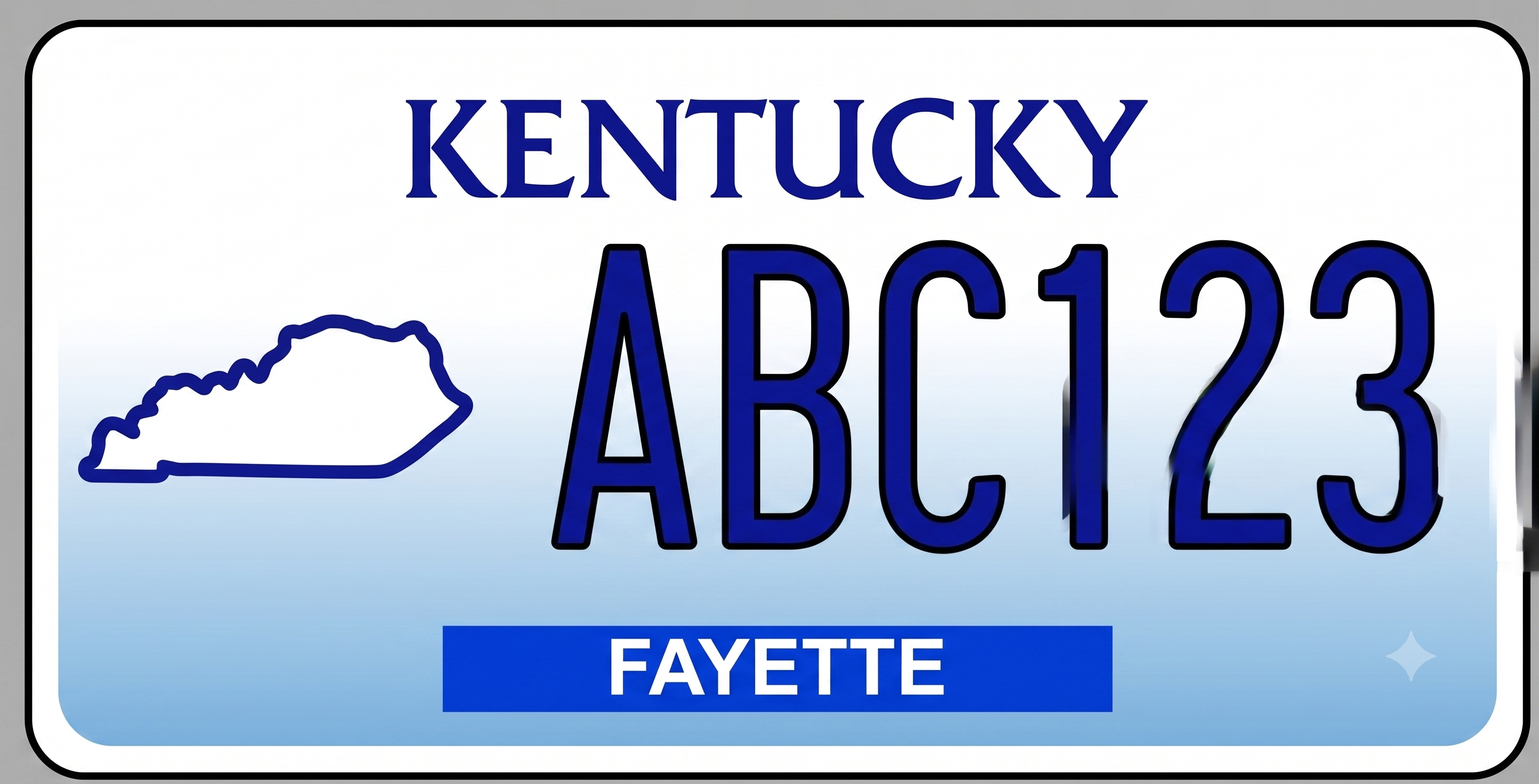 Kentucky current license plate: white background with a subtle gradient to light steel blue at the bottom, KENTUCKY in large bold dark navy letters at the top center, a dark navy outline of the state of Kentucky shape on the left side, large bold dark navy plate numbers in the center-right, and a solid royal blue banner along the bottom reading FAYETTE in white text as the county designation