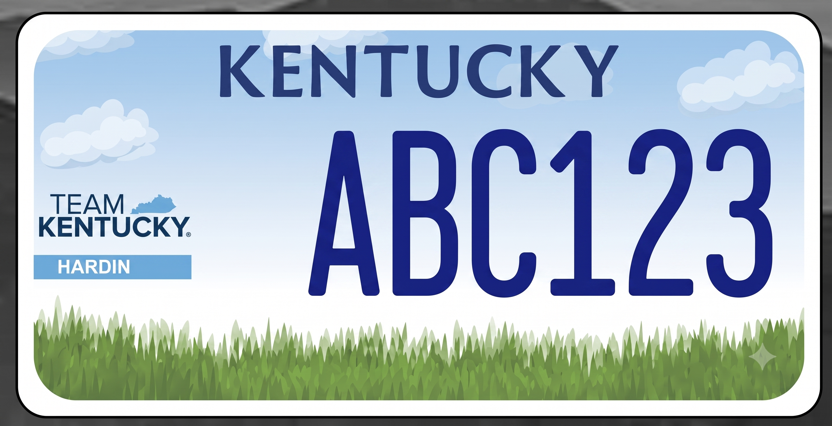 Kentucky Team Kentucky license plate: white background with a sky-blue upper section filled with illustrated white puffy clouds, a lush green illustrated bluegrass border along the bottom, KENTUCKY in large bold dark navy letters at the top center, the Team Kentucky logo with a small blue state outline on the left side, a light blue county banner reading HARDIN below the logo, and large bold dark navy plate numbers in the center-right