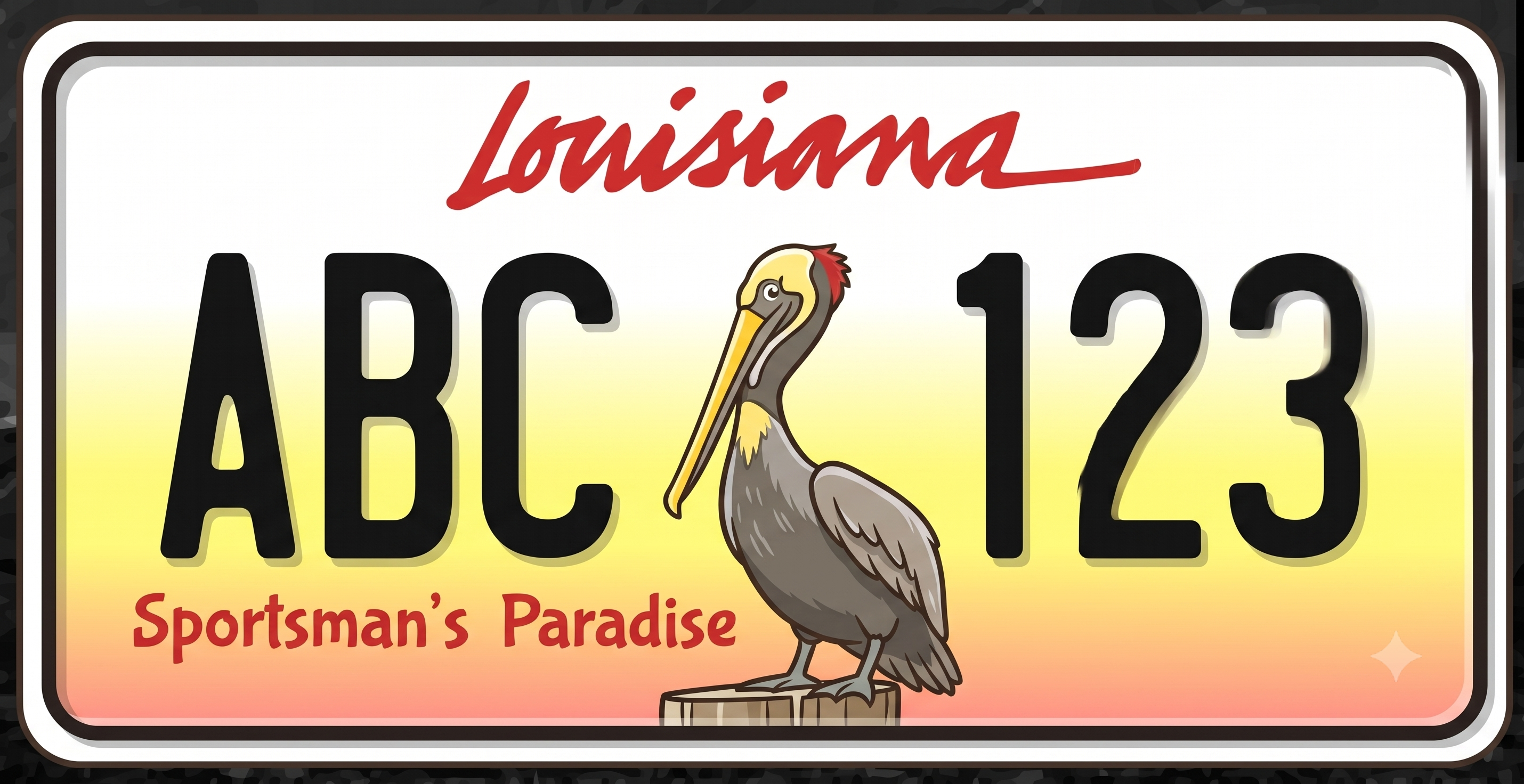 Louisiana current pelican license plate: background fades from white at the top through bright yellow in the middle to a warm orange-pink at the bottom, Louisiana in bold red cursive script at the top center, large bold black plate numbers split on either side of a detailed illustrated brown pelican perched on a wooden stump in the center, and Sportsman's Paradise in red text along the bottom left