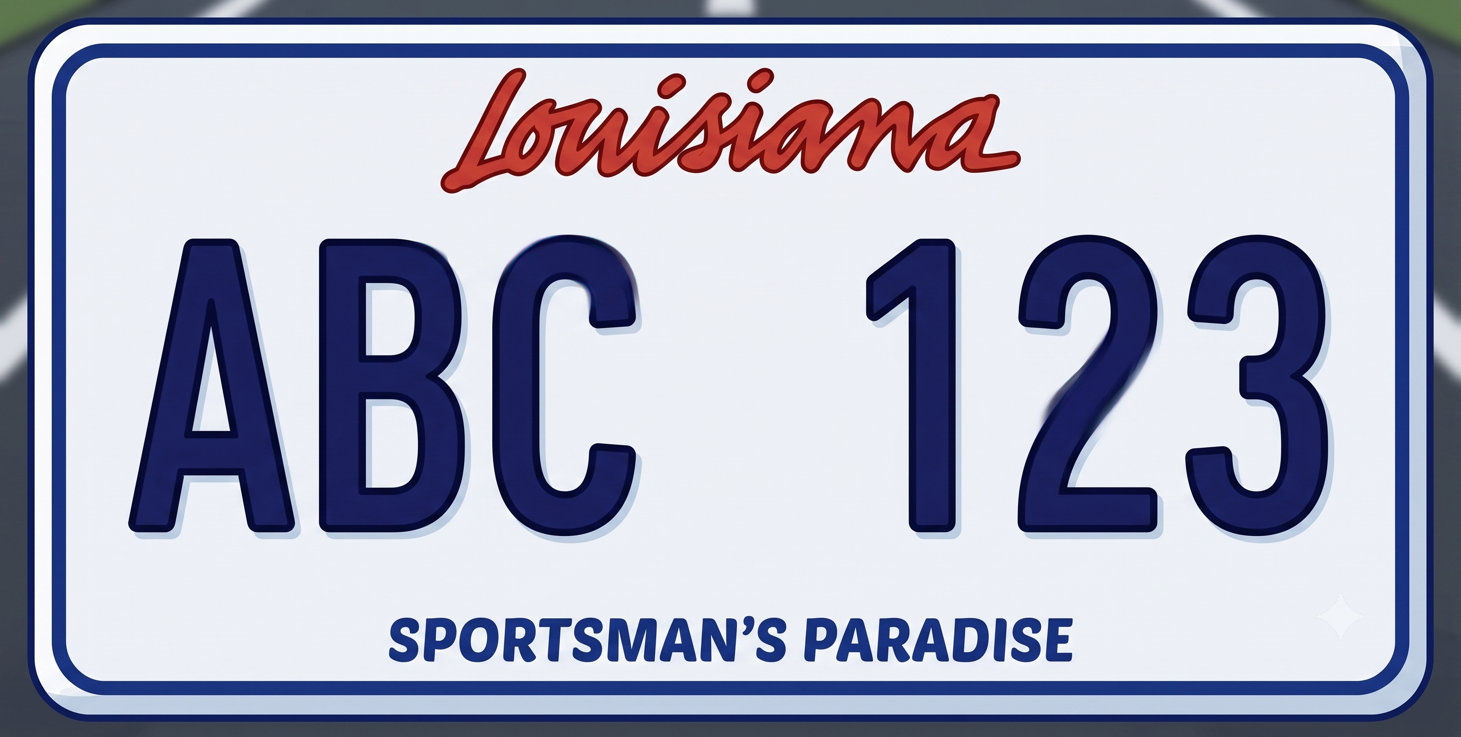 Louisiana current classic white license plate: clean light gray-white background with a dark navy border, Louisiana in red cursive script at the top center, large bold dark navy plate numbers in the center, and SPORTSMAN'S PARADISE in dark navy all-caps text centered along the bottom