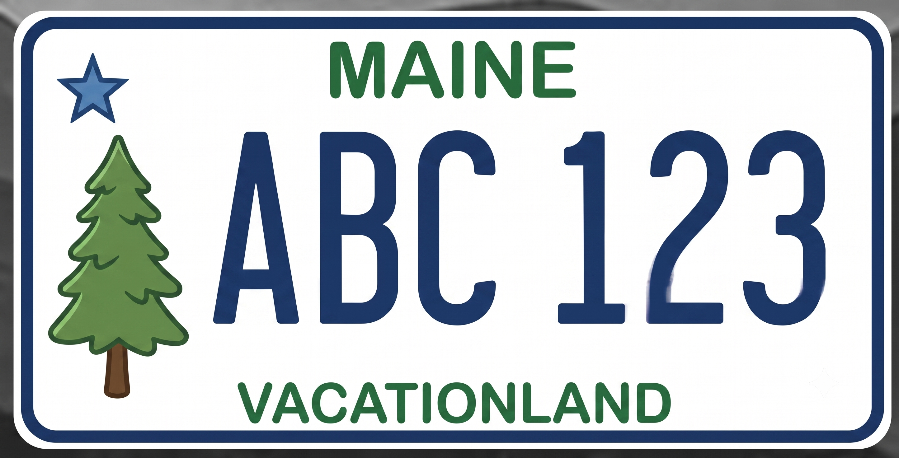 Maine current license plate: white background with a dark navy border, MAINE in bold green text centered at the top, a blue five-pointed star in the upper left corner with a tall green pine tree below it on the left side, large bold dark navy plate numbers in the center, and VACATIONLAND in bold green text centered along the bottom