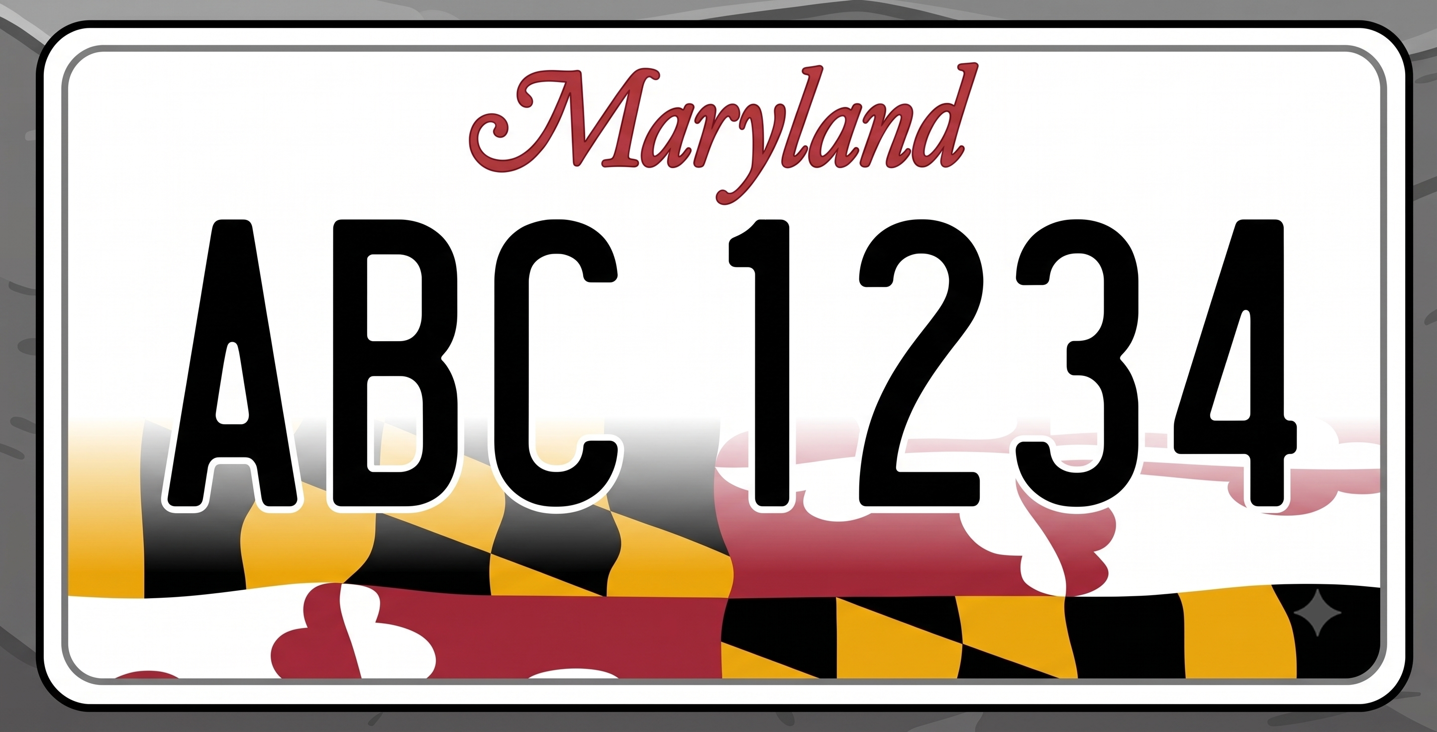 Maryland current license plate: white background with Maryland in dark red cursive script at the top, large bold black plate numbers in the center, and a panoramic strip along the bottom showing the Maryland state flag with black and gold checkerboard quarters on the left and red and white cross-bottony quarters on the right, with blue crab silhouettes in the lower corners