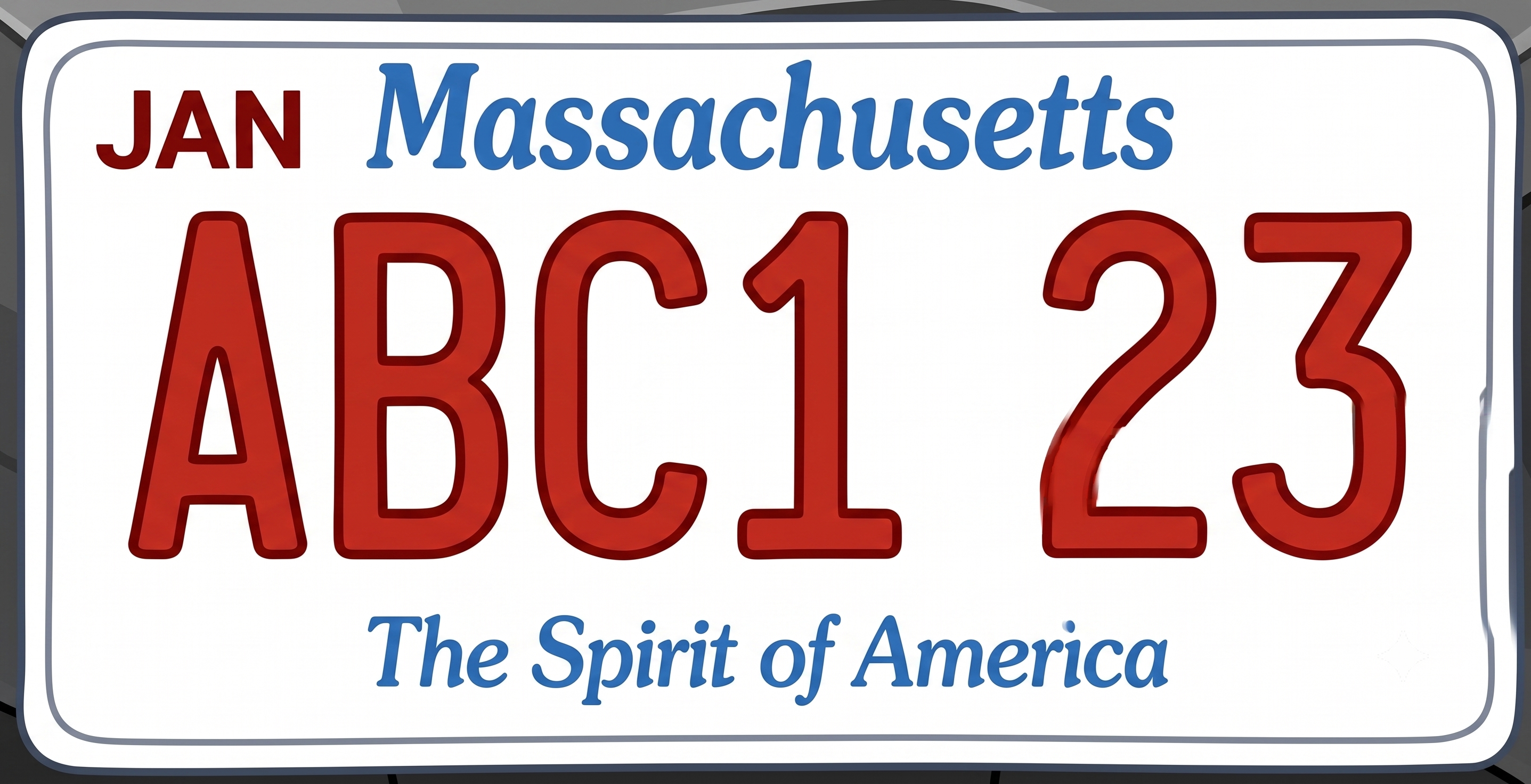 Massachusetts current license plate: white background with Massachusetts in large blue italic script at the top, bold dark red plate characters in the center, and The Spirit of America in blue italic text at the bottom