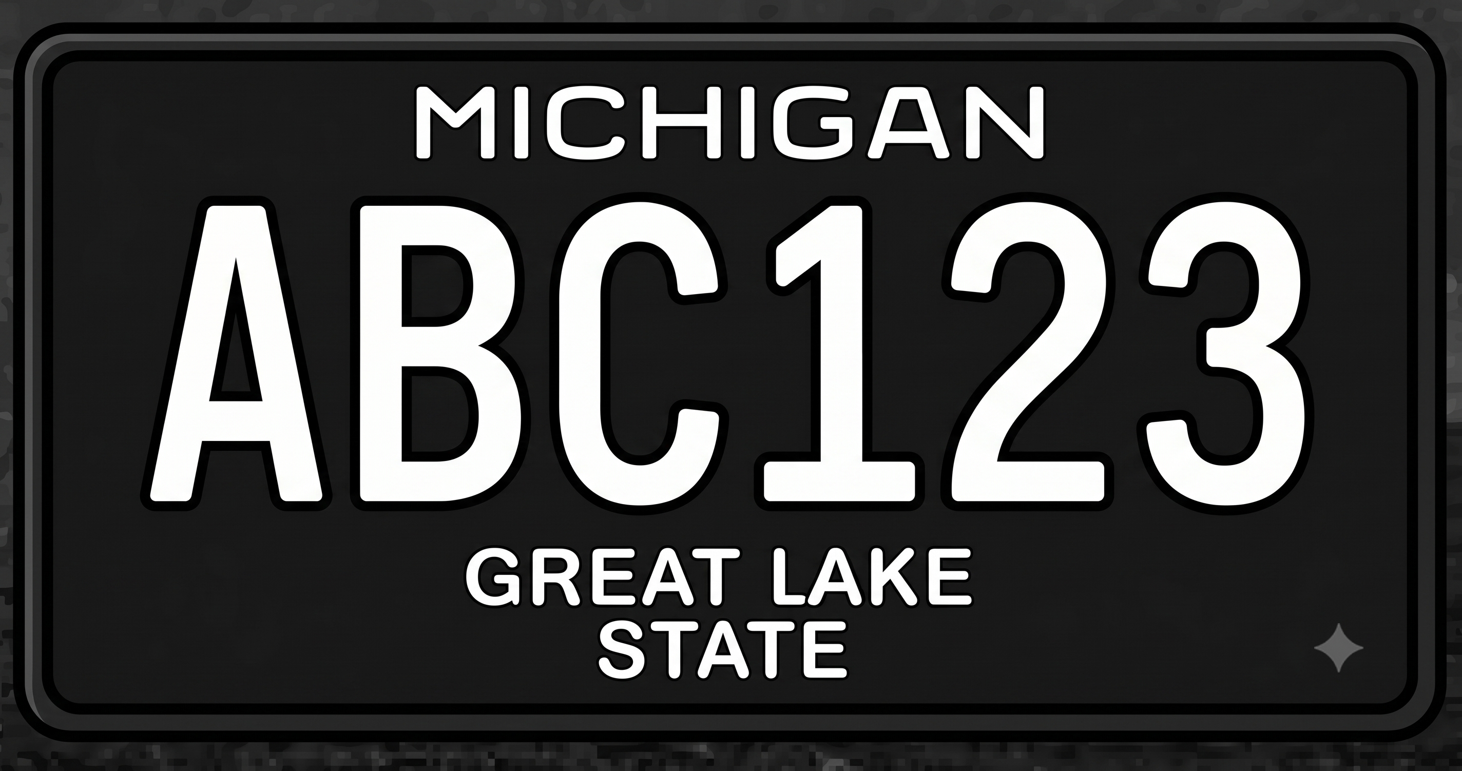 Michigan Great Lake State black license plate: matte black background, MICHIGAN in white at the top, large bold white characters ABC123 centered, and GREAT LAKE STATE in white caps at the bottom