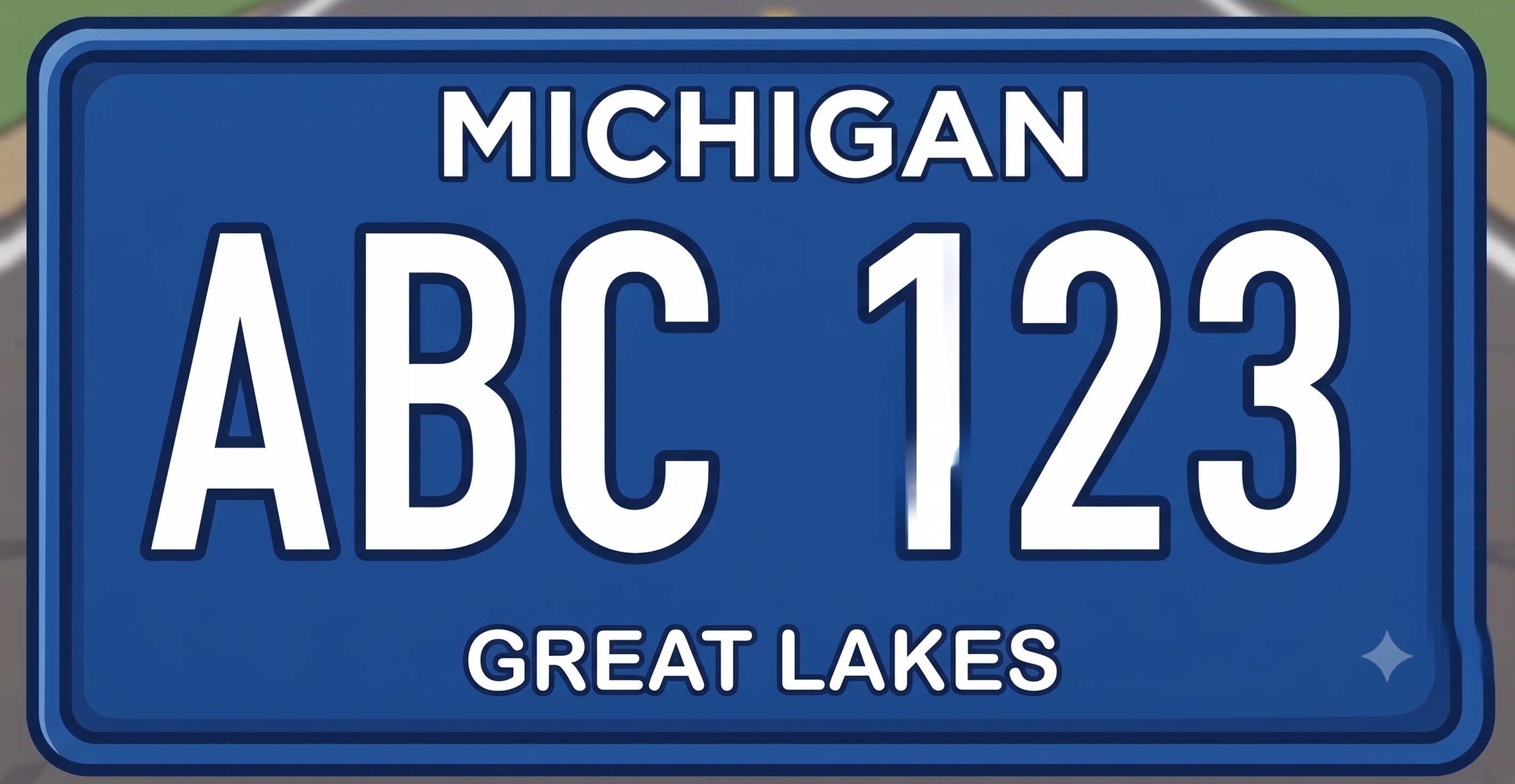 Michigan Great Lakes license plate: solid royal blue background with rounded corners, MICHIGAN in white at the top, large bold white characters ABC 123 with a space between letters and numbers, and GREAT LAKES in white caps at the bottom