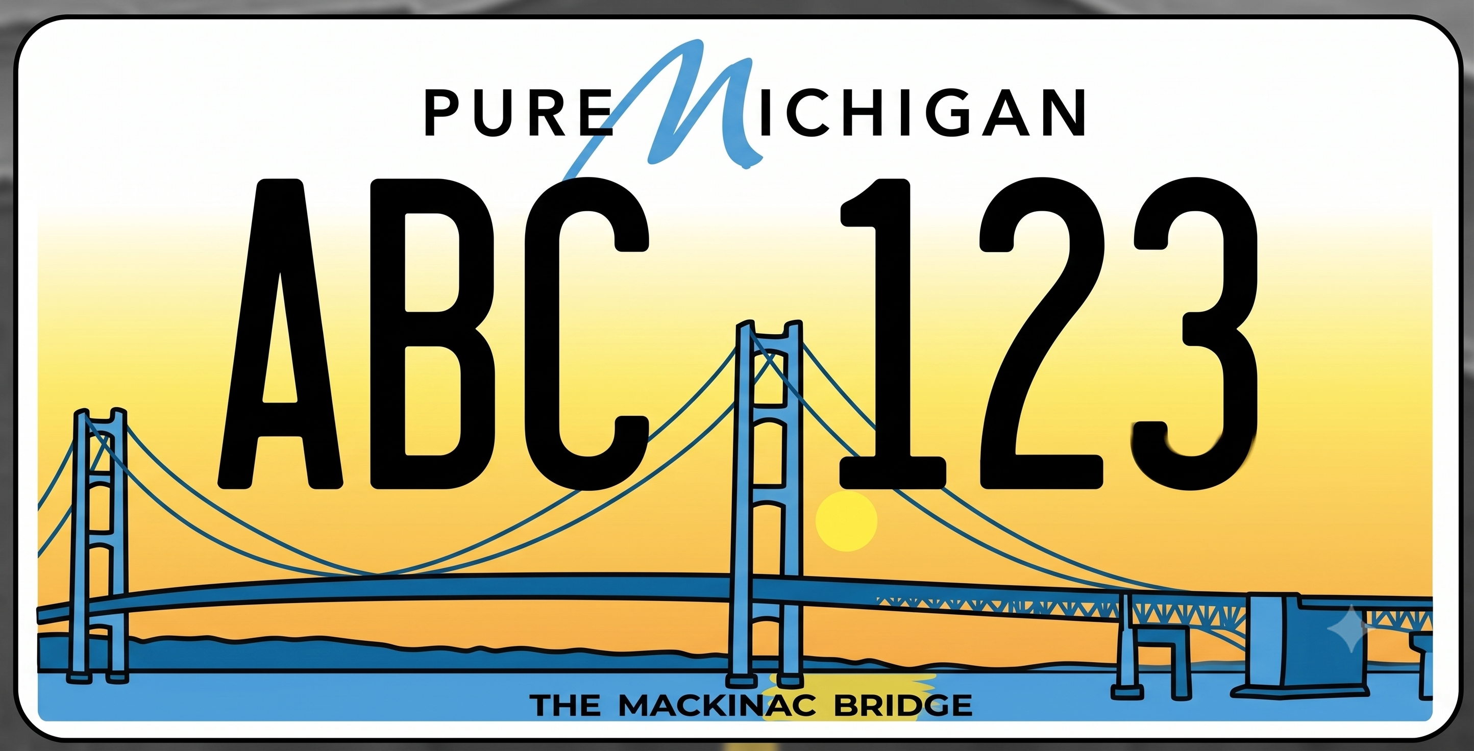Michigan Mackinac Bridge license plate: white upper field fading to warm yellow and orange at the bottom, large detailed illustration of the Mackinac Bridge spanning the plate with a sunset behind the center tower, black characters ABC 123, Pure Michigan at top in black with blue cursive M, and THE MACKINAC BRIDGE in dark text along the bottom edge