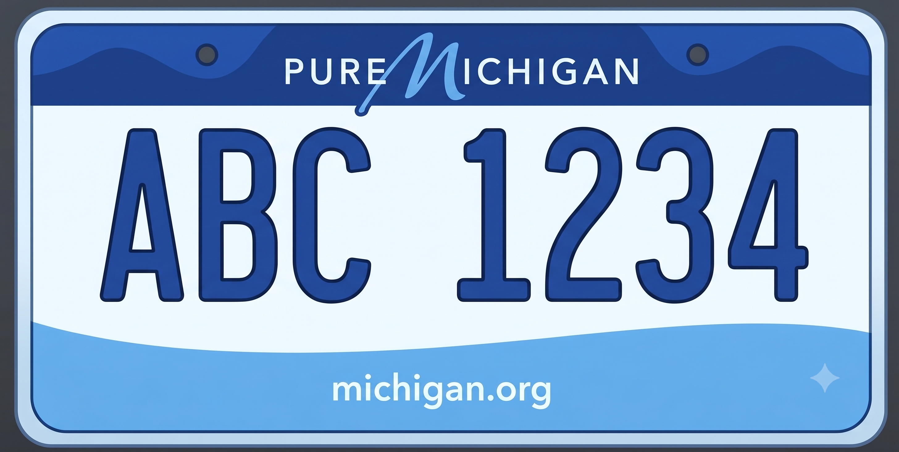 Michigan Pure Michigan standard license plate: navy blue header with layered wave pattern, white center body, large bold navy blue characters ABC 1234, Pure Michigan in white at the top with a stylized blue script M, and michigan.org in blue at the bottom