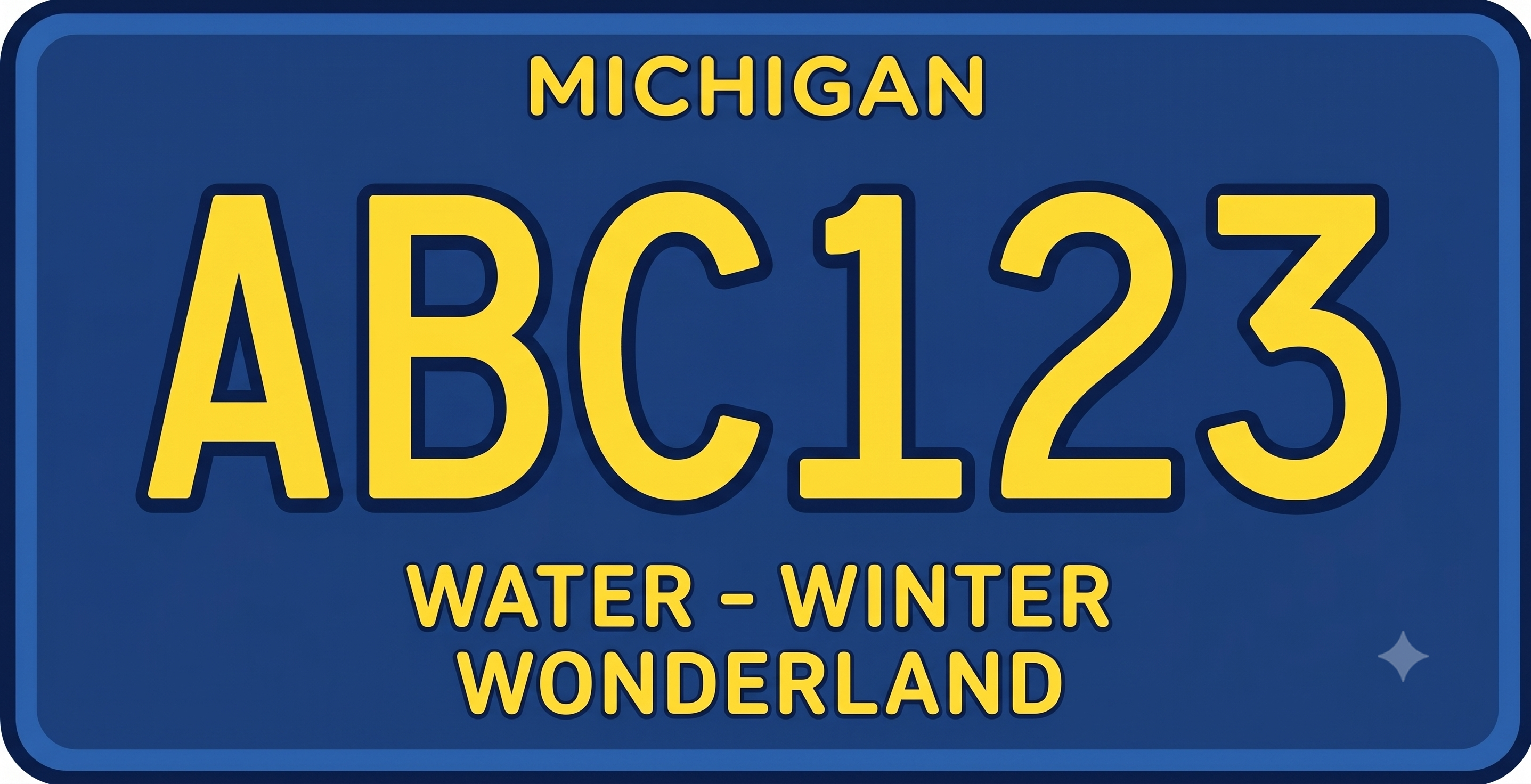 Michigan Water-Winter Wonderland license plate: dark blue background with MICHIGAN in gold at the top, large bold gold characters ABC123 with dark outline in the center, and WATER - WINTER WONDERLAND in gold caps across the bottom