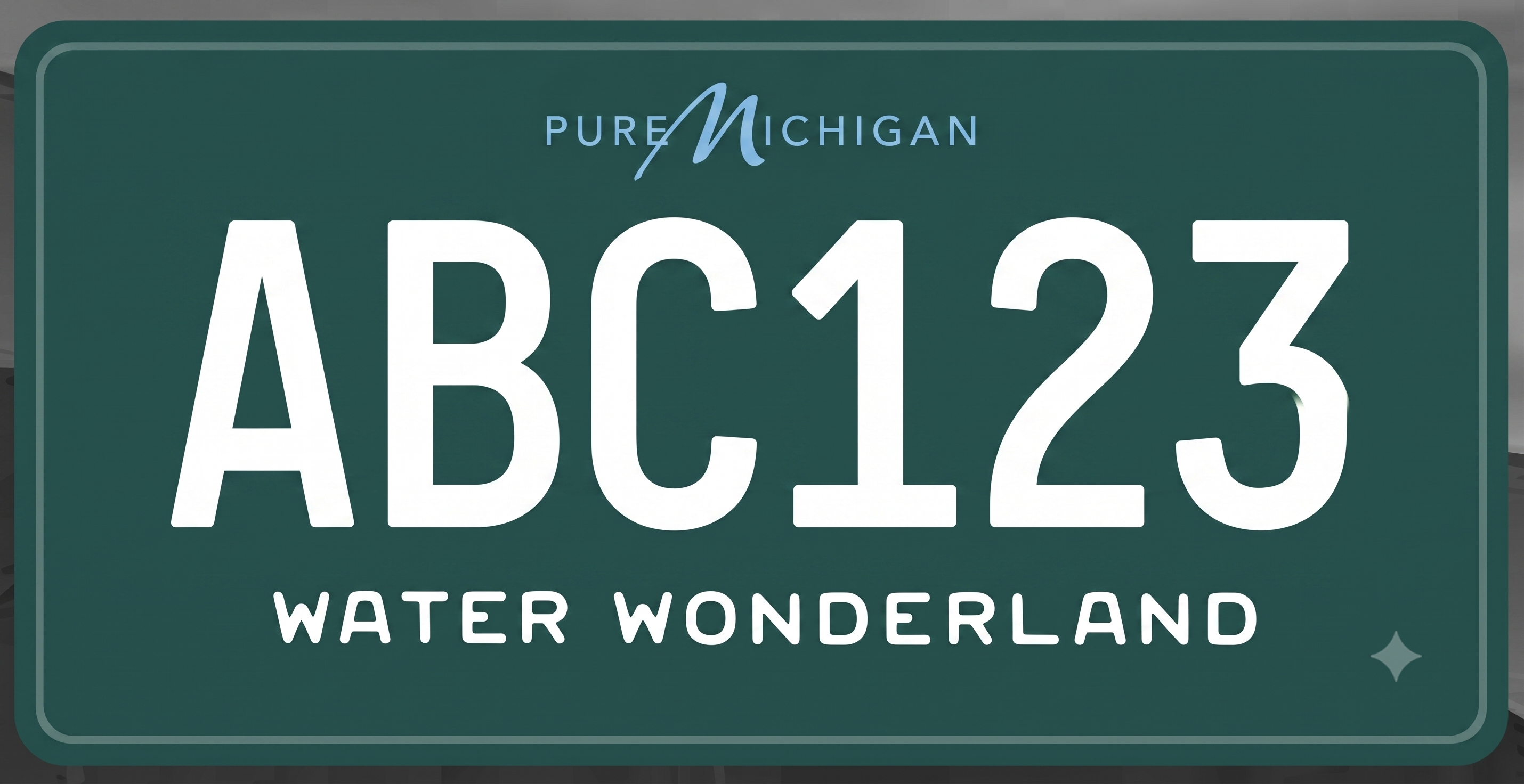 Michigan Water Wonderland license plate: solid deep teal green background, Pure Michigan in smaller lighter text at top with stylized M, very large bold white characters ABC123, and WATER WONDERLAND in white caps at the bottom