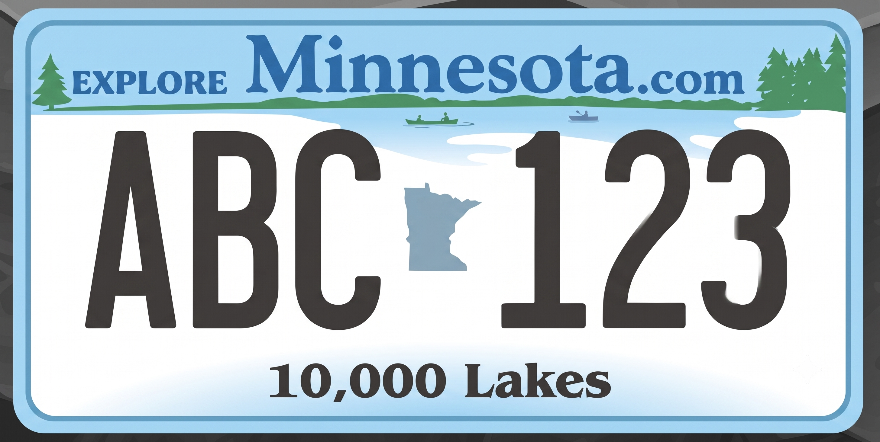Minnesota current license plate: light blue background with a blue border, scenic lake header showing dark green pine trees in the upper corners and two small canoes on calm water with rolling green hills behind them, EXPLORE in small green caps on the left of the header and Minnesota.com in large blue serif text on the right, large bold dark charcoal characters ABC 123 in the center with a gray silhouette of the state of Minnesota between the letter and number groups, and 10,000 Lakes in dark text along the bottom