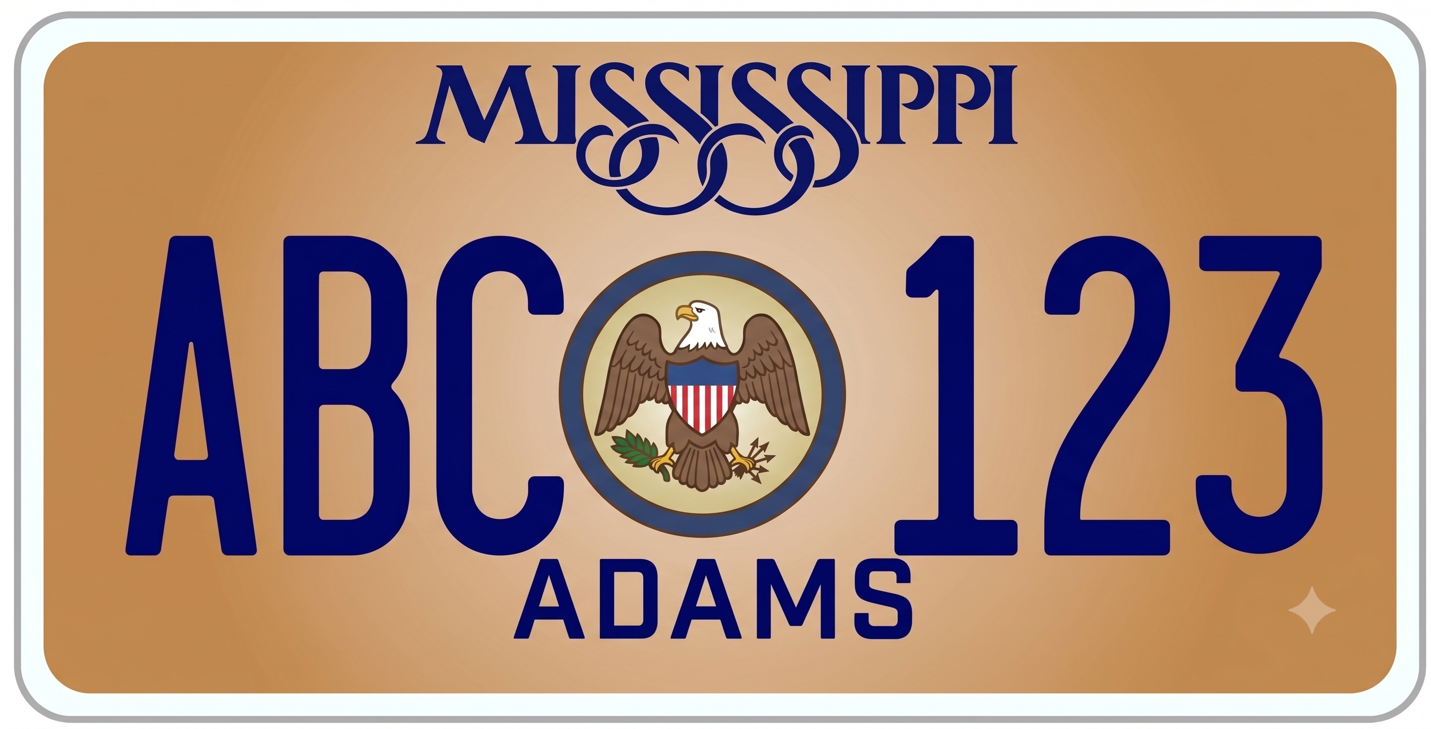 Mississippi former license plate: warm golden bronze background with a white border, MISSISSIPPI in dark navy at the top with an ornate script flourish below, a center medallion showing the Mississippi state seal — a bald eagle with a red white and blue shield holding olive branches and arrows on a cream background inside a dark blue ring — large bold navy ABC on the left and 123 on the right, and ADAMS county name at the bottom