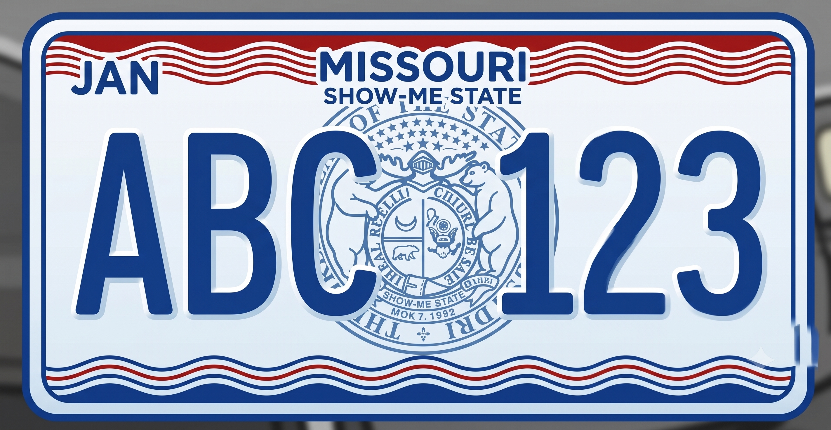 Missouri current license plate: white background with a dark blue border, bold red and blue wavy lines running across the top and bottom, MISSOURI in large bold dark blue letters at the top center, SHOW-ME STATE in smaller dark blue letters below, large bold dark blue ABC 123 registration characters flanking a light blue watermark of the Missouri state seal showing two grizzly bears flanking a quartered shield with a crescent moon and eagle