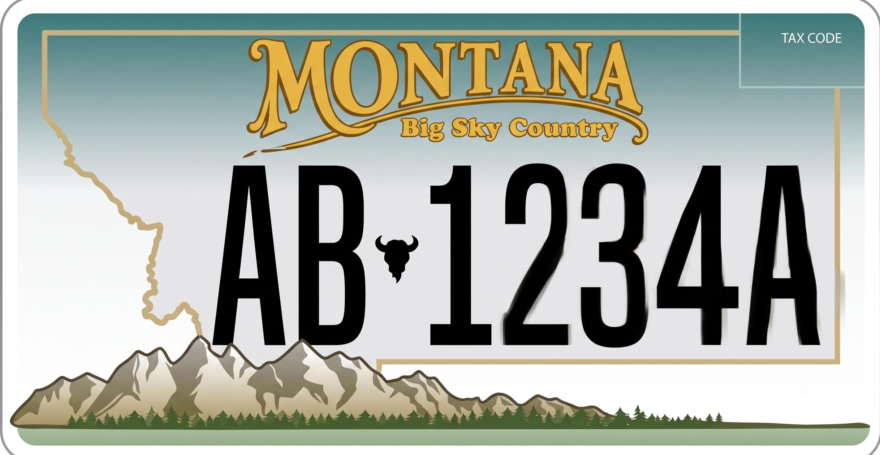Montana Big Sky Country license plate: gradient background from teal at the top to white at the center, MONTANA in large ornate gold western-style letters across the top, Big Sky Country in smaller gold script beneath it, a gold outline of Montana on the left, large dark registration characters AB 1234A with a small bison skull between them, a detailed realistic mountain range with snow-capped peaks and pine trees along the bottom, and a gold inner border frame