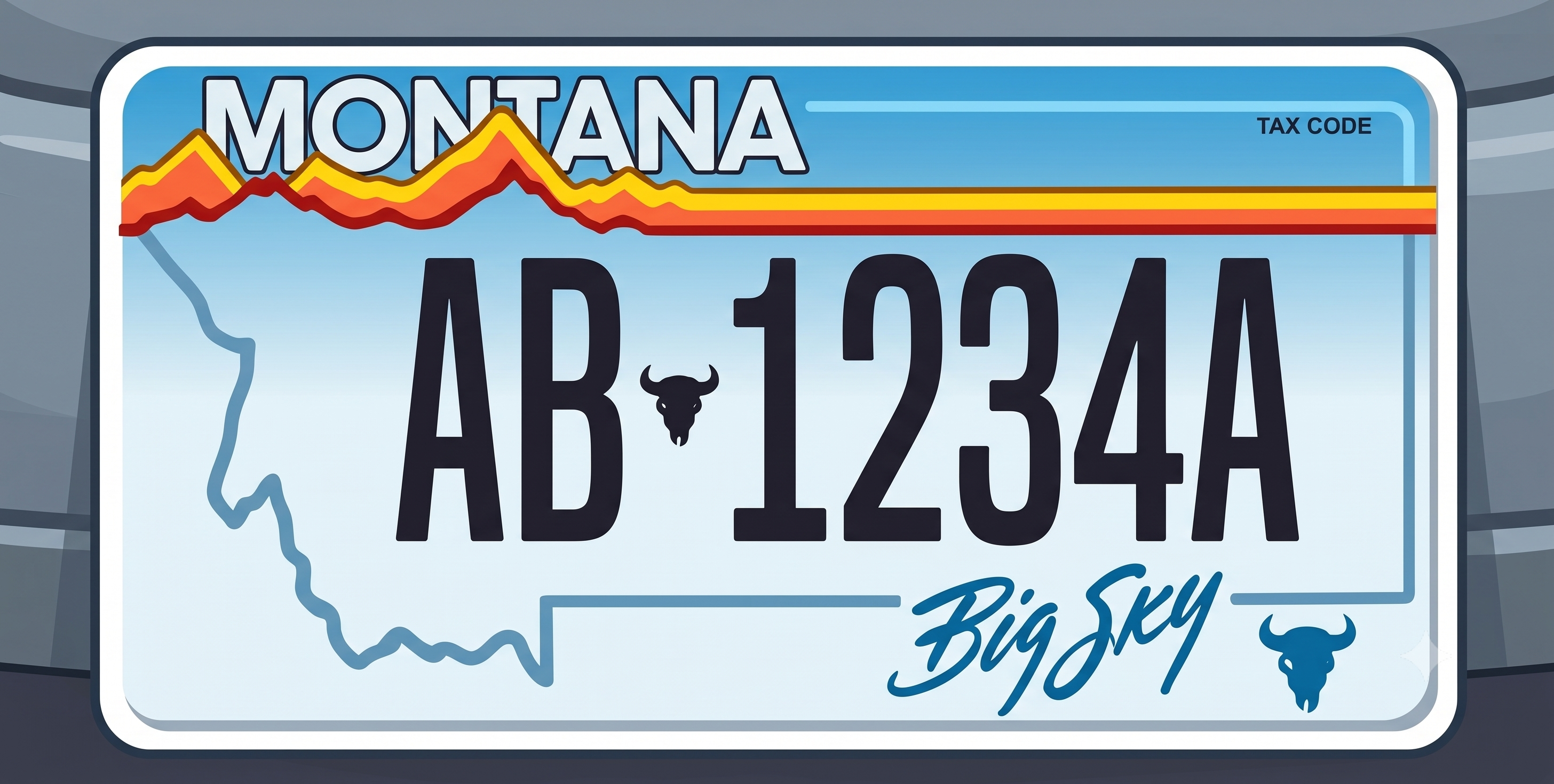 Montana retro Big Sky license plate: white lower background fading to sky blue at top, MONTANA in large white block letters across the blue upper band, a bold orange red and yellow mountain range silhouette sweeping across the upper third, a light blue outline of Montana on the left, large dark registration characters AB 1234A with a small black bison skull between them, and Big Sky in cursive script with a blue bison skull icon in the lower right