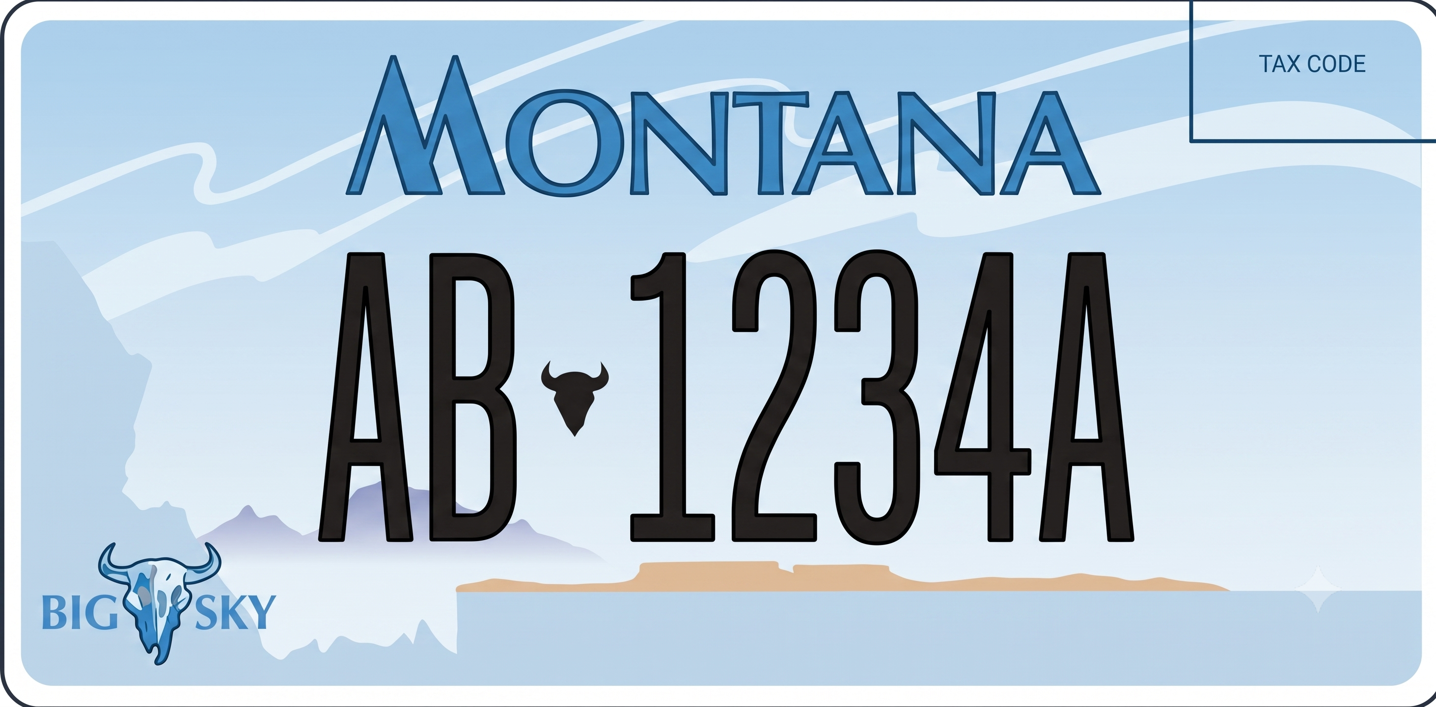 Montana current Big Sky license plate: light blue gradient background with sweeping sky curves, MONTANA in large stylized blue gradient letters across the top, a white and light blue outline of the state of Montana on the left, large dark registration characters AB 1234A with a small bison skull between them, a tan and brown mesa butte landscape along the bottom, and BIG SKY text with a blue bison skull icon in the lower left