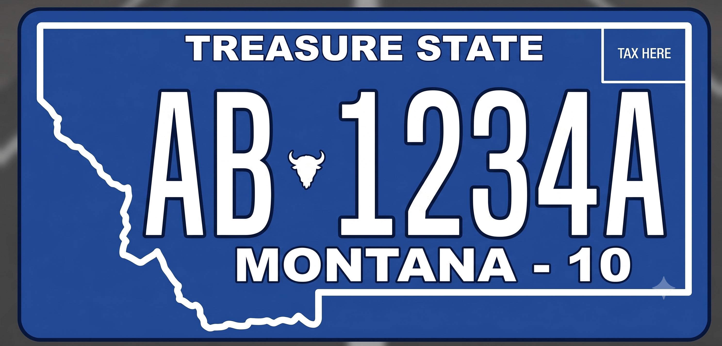 Montana Treasure State license plate: solid medium blue background throughout, TREASURE STATE in white bold all-caps letters across the top, a white outline of the state of Montana on the left, large white registration characters AB 1234A with a small white bison skull between them, and MONTANA - 10 in white letters along the bottom