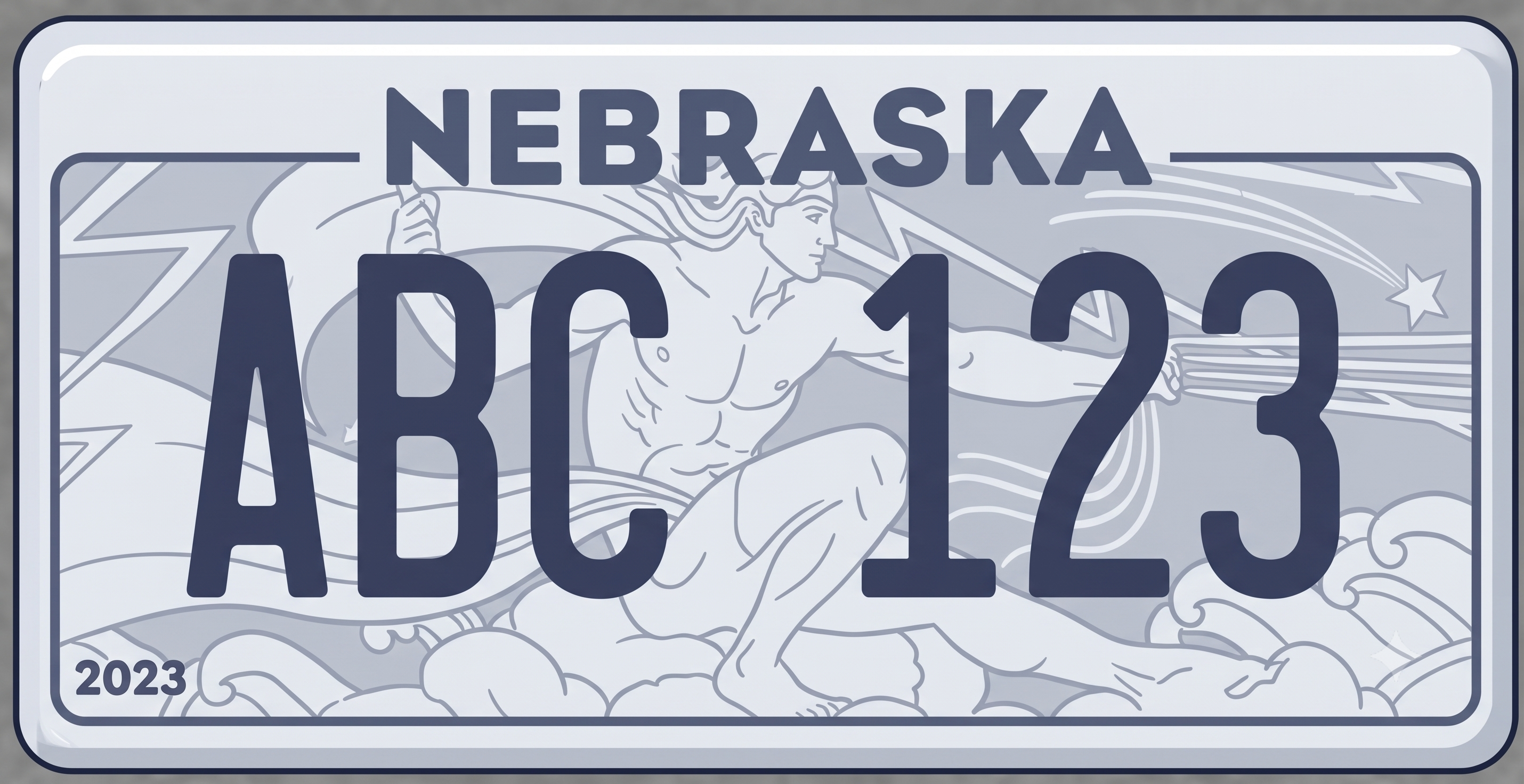 Nebraska 2023 current license plate: silver-white background with a subtle navy blue inner border, NEBRASKA in bold dark navy letters across the top flanked by small decorative dashes, large bold dark navy ABC 123 registration characters across the center, a dramatic allegorical male figure rendered in silver-gray line art filling the background — the figure is in a dynamic kneeling pose with one arm raised holding what appears to be lightning bolts, flowing fabric billowing around him and clouds beneath him, a star in the upper right corner, and 2023 in small text in the lower left