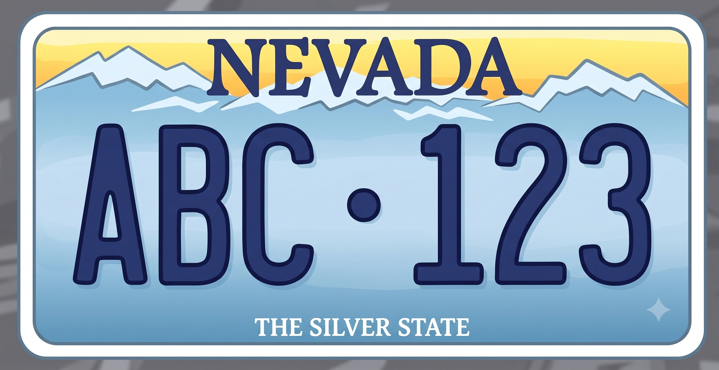 Nevada older license plate: sky blue background with an illustrated snow-capped mountain range silhouetted against a golden sunrise sky at the top, NEVADA in dark navy bold text at the top center, large rounded dark navy registration characters ABC 123, and THE SILVER STATE in white text at the bottom