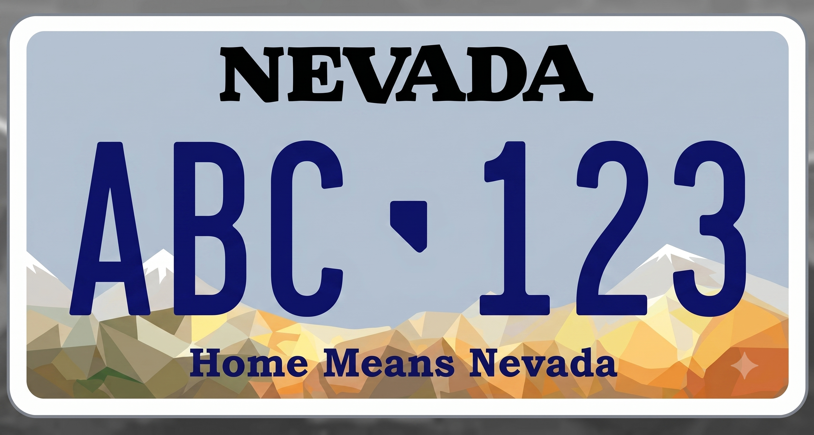 Nevada current license plate: silvery blue-gray background with a low-poly geometric mountain and desert landscape along the bottom in warm yellows, tans, and oranges with white snow-capped peaks, NEVADA in bold black serif text at the top, large dark navy blue registration characters ABC 123 with a small Nevada state outline as the separator, and Home Means Nevada in dark navy along the bottom